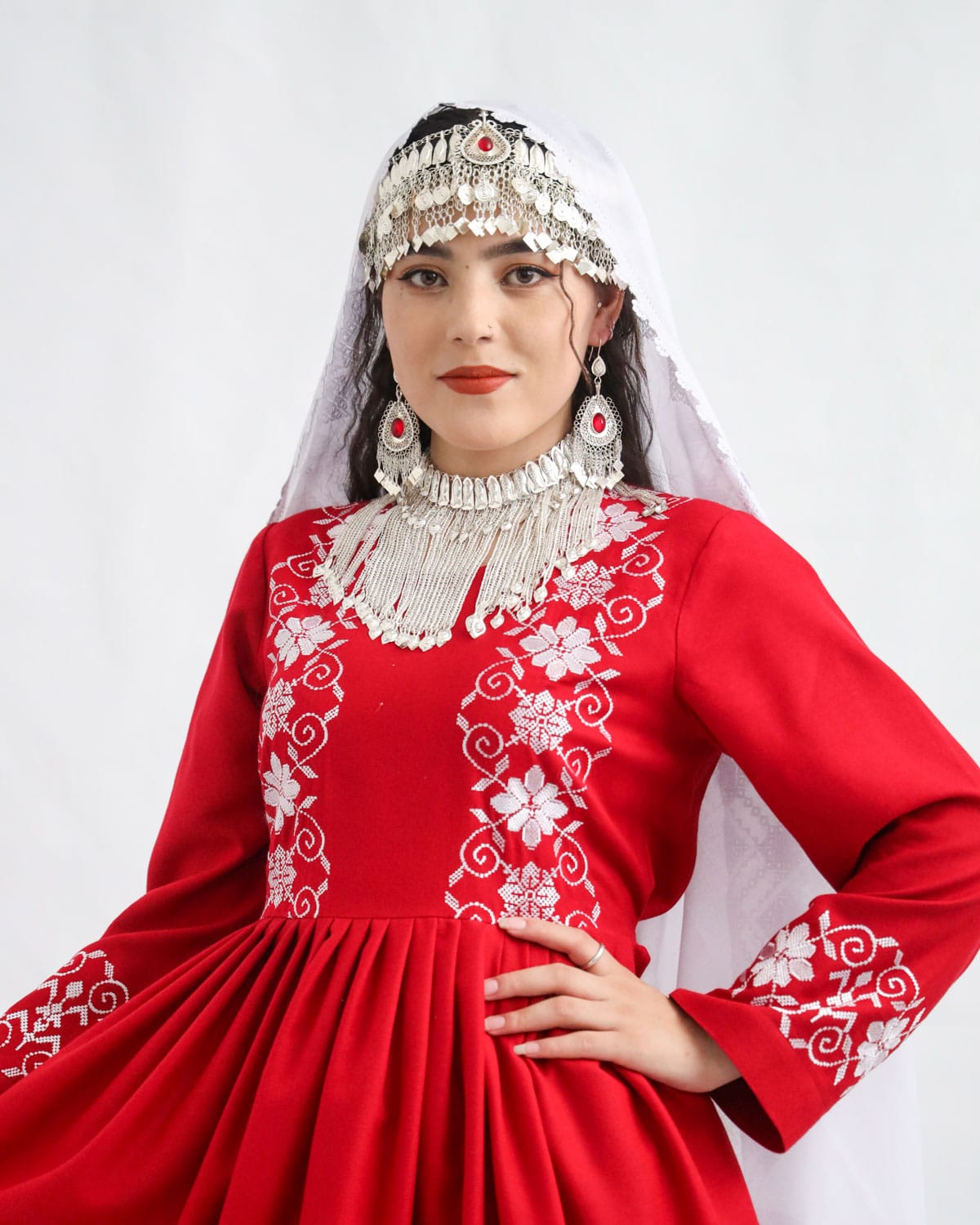 Hazaragi Red & White Cotton Dress with Handmade Scarf & Jewelry Set 5
