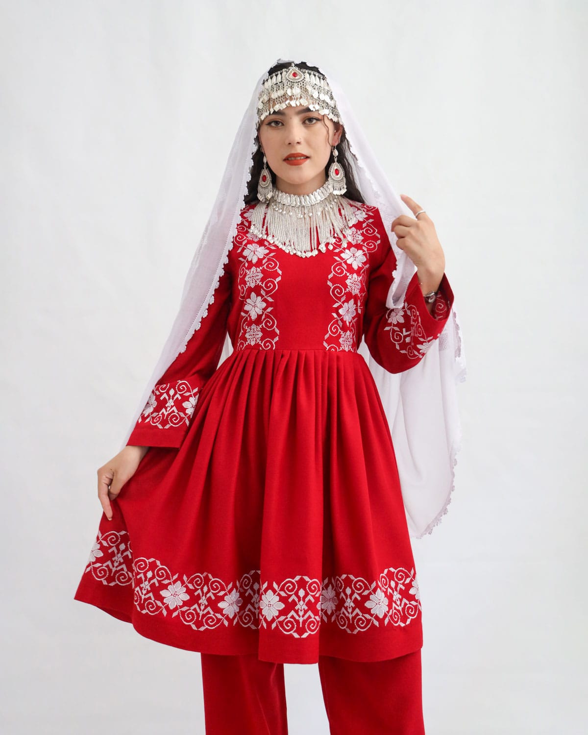 Hazaragi Red & White Cotton Dress with Handmade Scarf & Jewelry Set 1