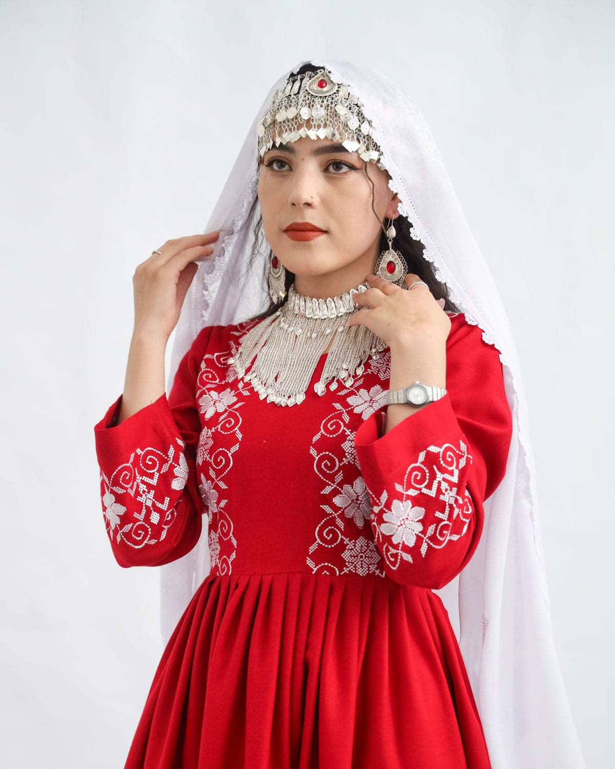 Hazaragi Red & White Cotton Dress with Handmade Scarf & Jewelry Set 3