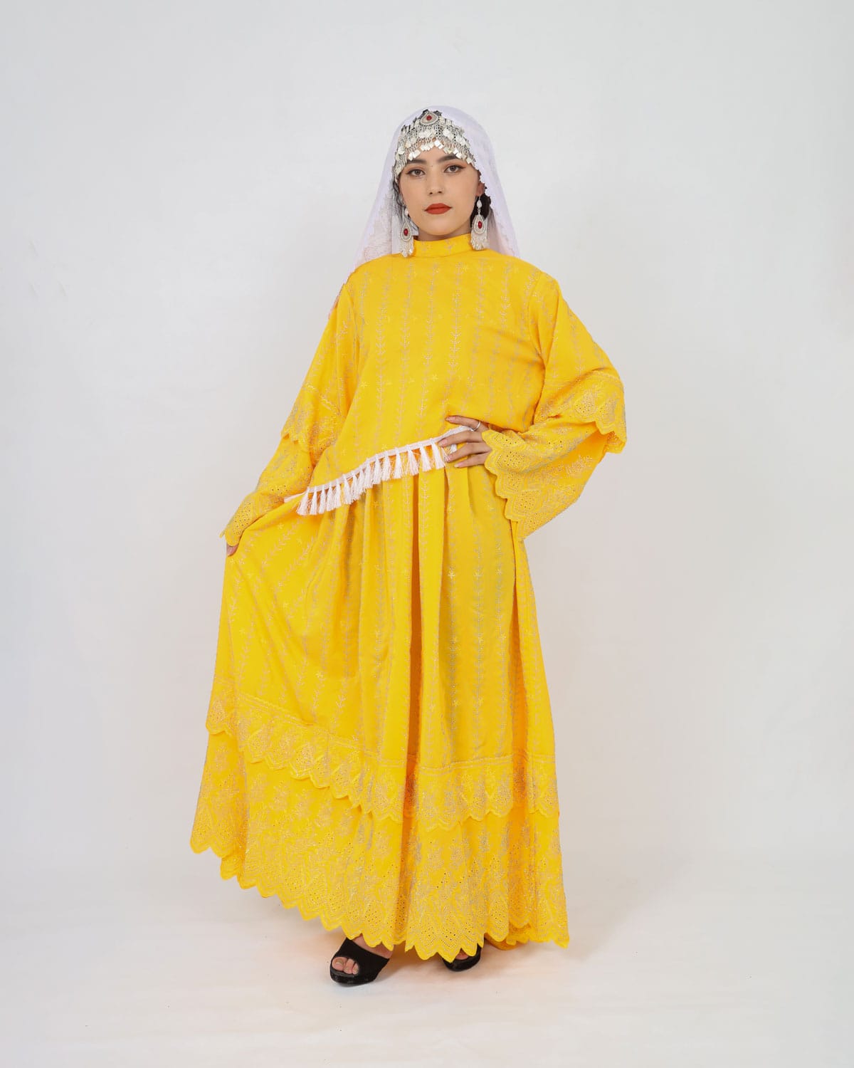 Yellow Hazaragi Handmade Long Party Dress with Scarf 1