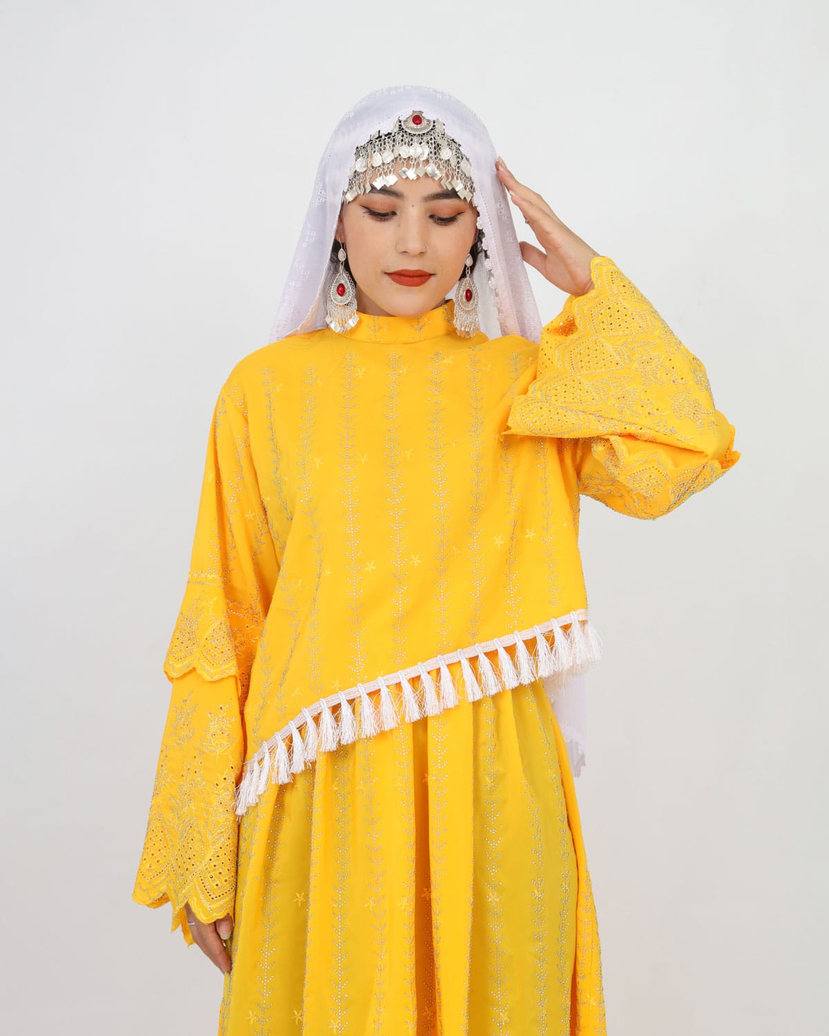 Yellow Hazaragi Handmade Long Party Dress with Scarf 4