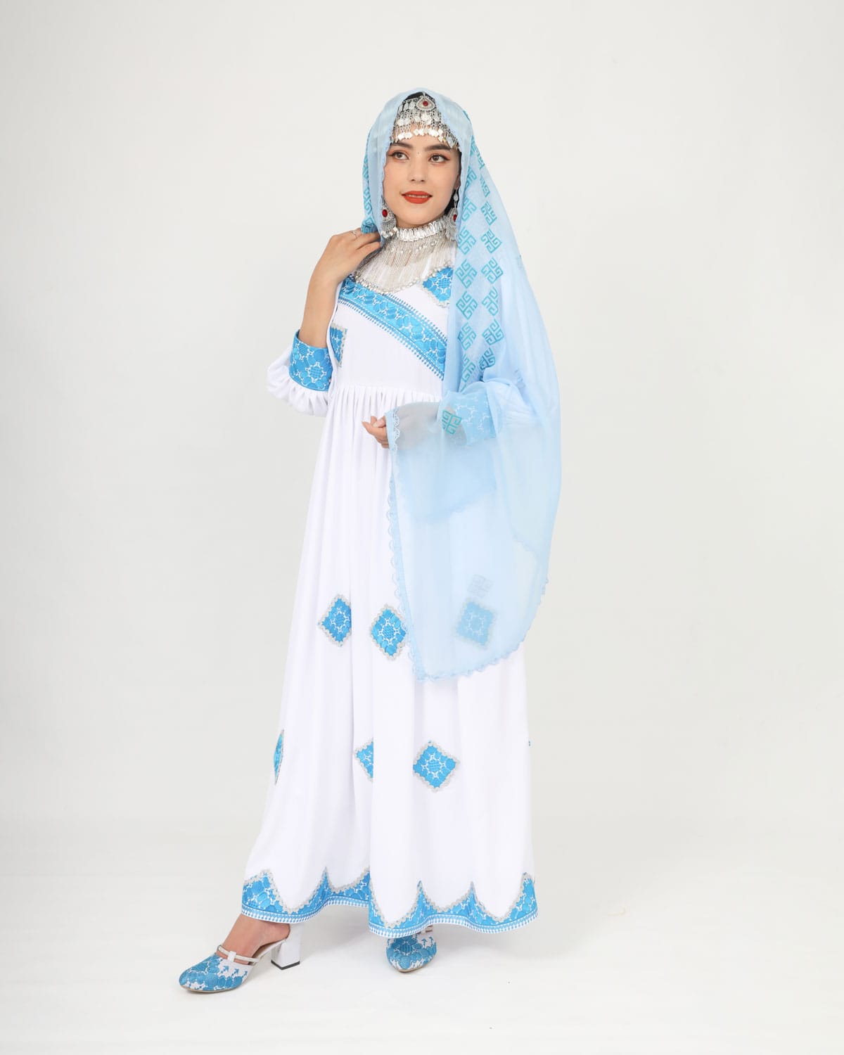 White & Blue Hazaragi Long Party Dress Set with Handmade Scarf, Shoes & Silver Jewelry 5