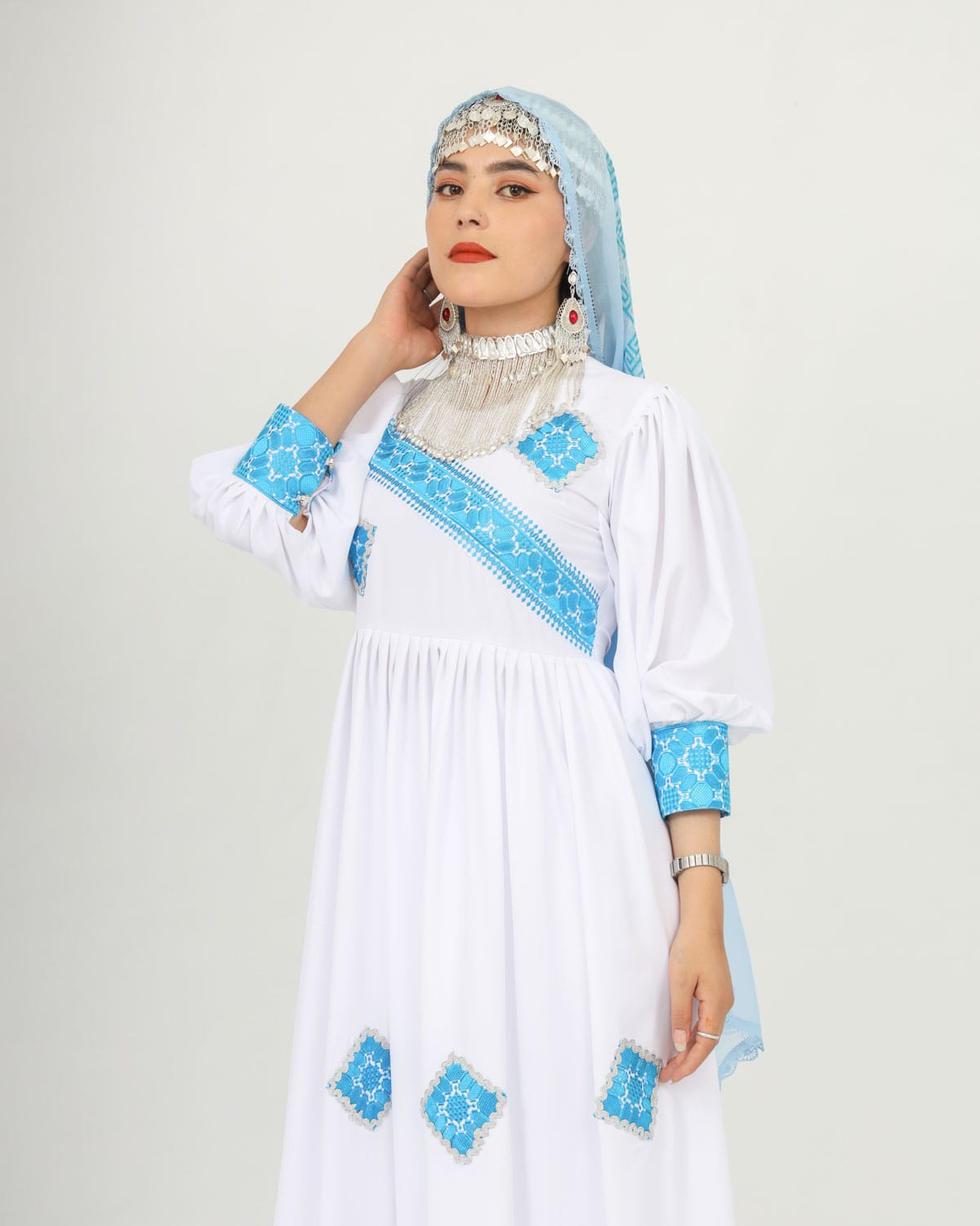White & Blue Hazaragi Long Party Dress Set with Handmade Scarf, Shoes & Silver Jewelry 3