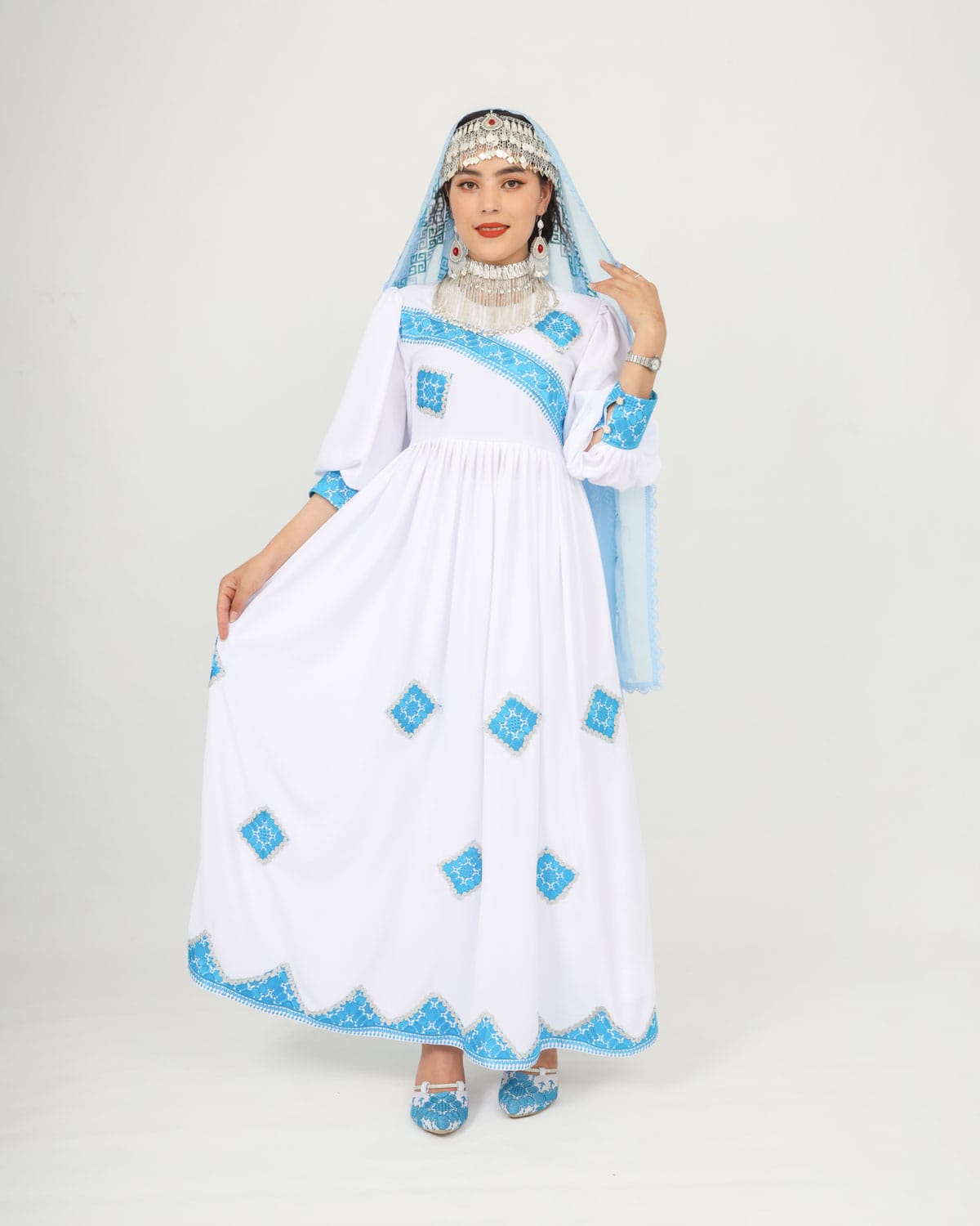 White & Blue Hazaragi Long Party Dress Set with Handmade Scarf, Shoes & Silver Jewelry 1