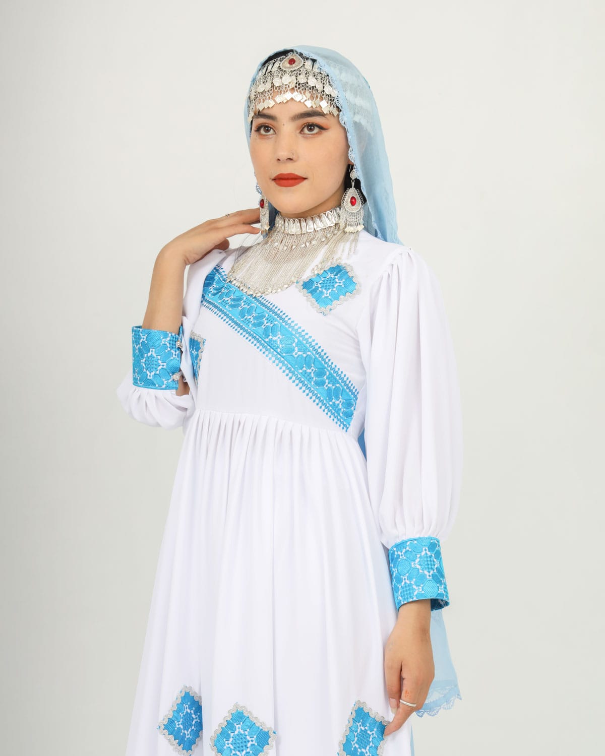 White & Blue Hazaragi Long Party Dress Set with Handmade Scarf, Shoes & Silver Jewelry 4