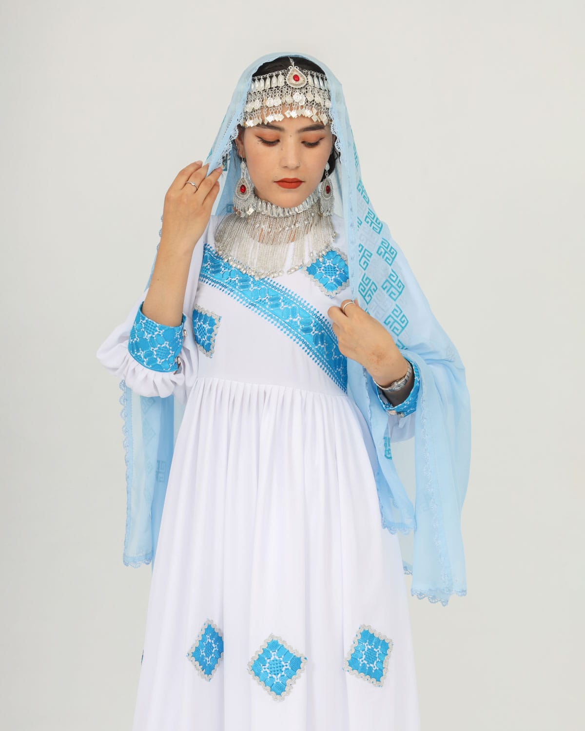 White & Blue Hazaragi Long Party Dress Set with Handmade Scarf, Shoes & Silver Jewelry 2