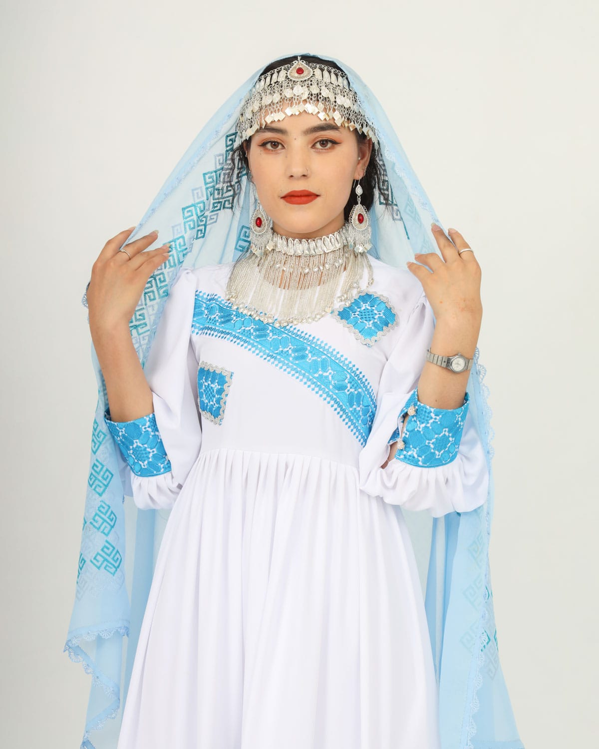 White & Blue Hazaragi Long Party Dress Set with Handmade Scarf, Shoes & Silver Jewelry 6