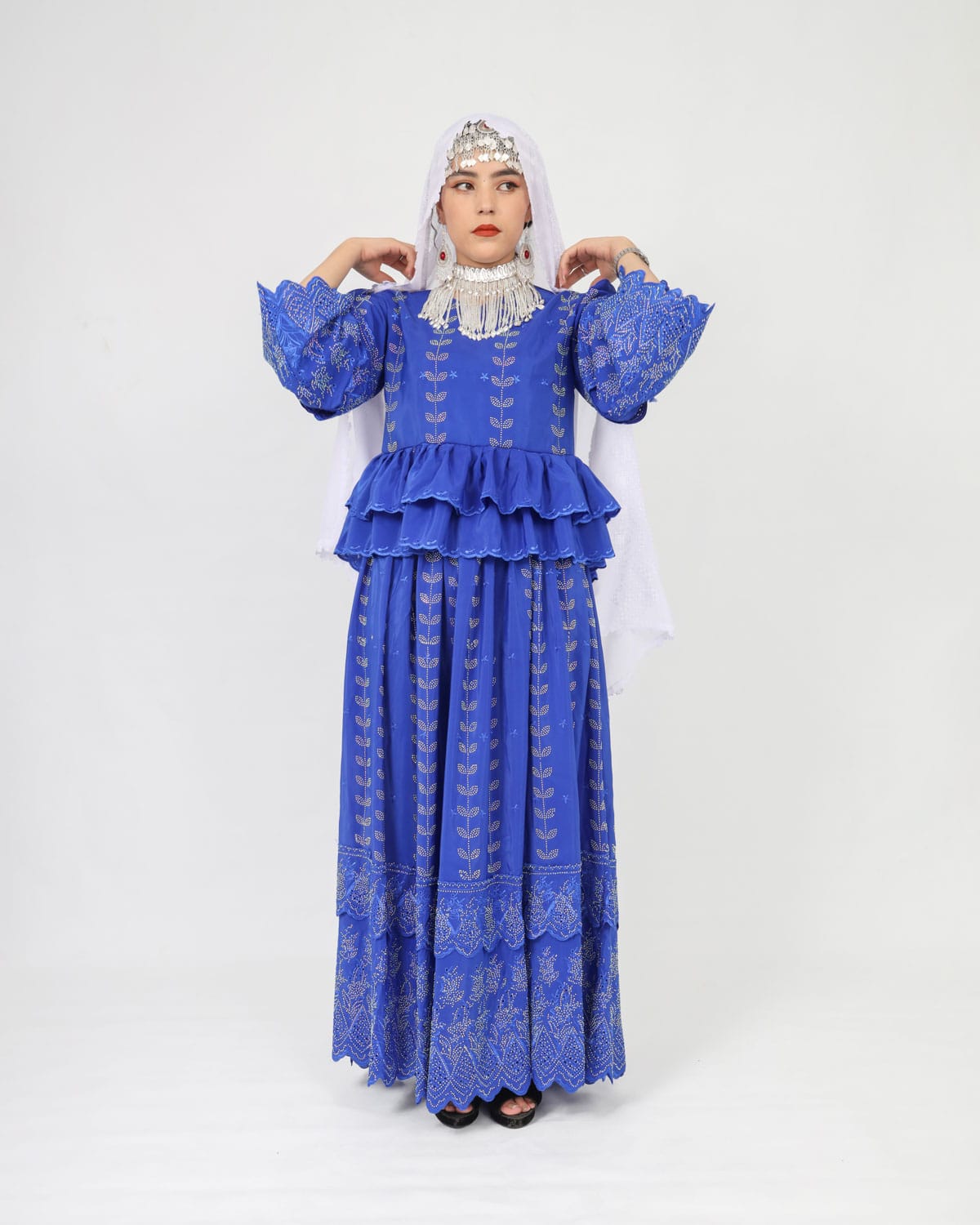 Blue Party Dress Set with Hand-Embroidered Shawl & Silver Jewelry 2