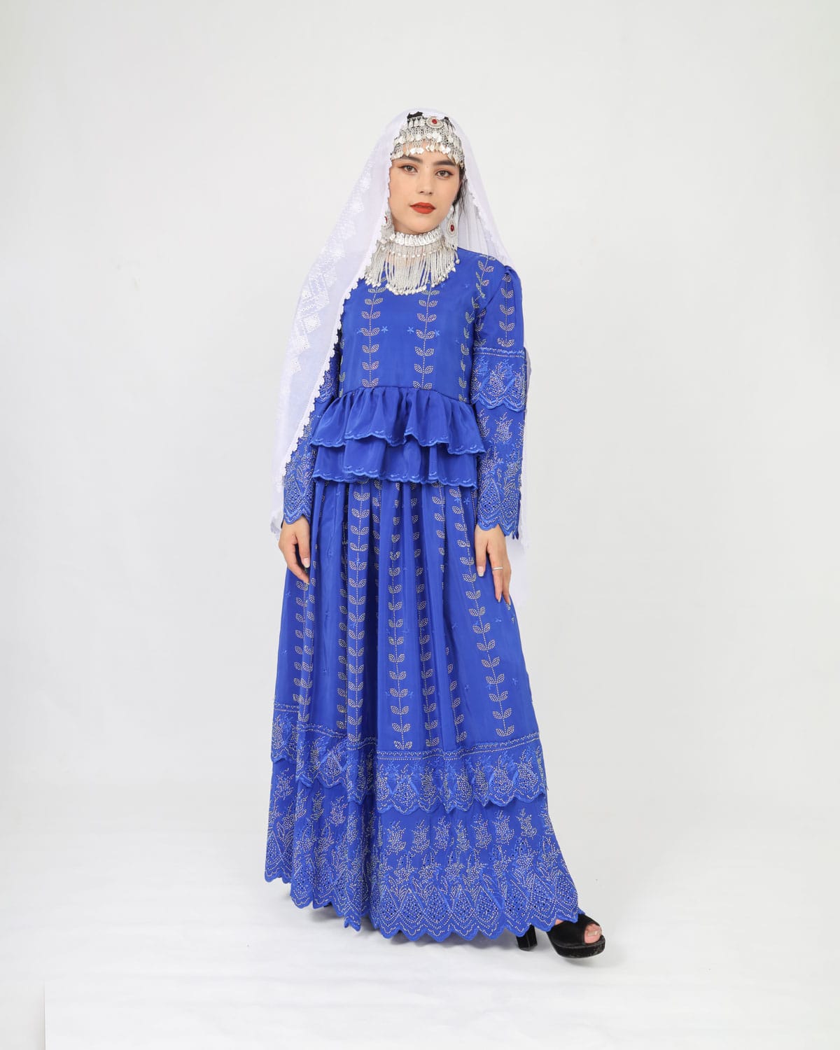 Blue Party Dress Set with Hand-Embroidered Shawl & Silver Jewelry 3
