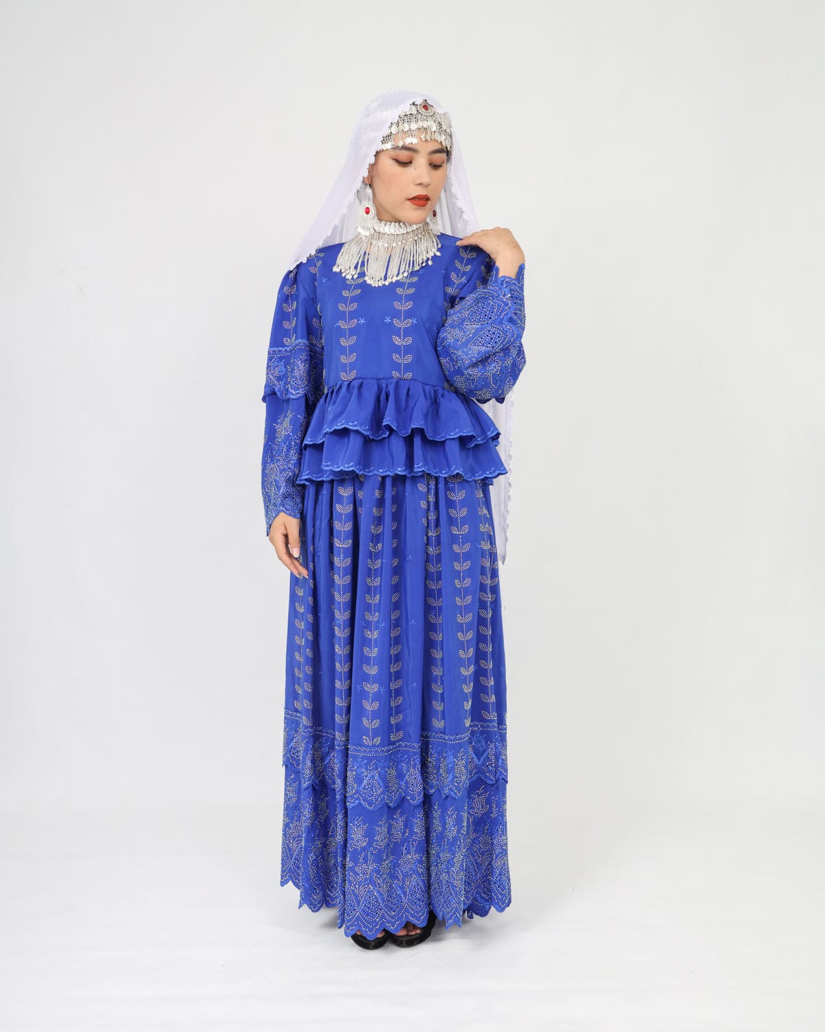 Blue Party Dress Set with Hand-Embroidered Shawl & Silver Jewelry 4