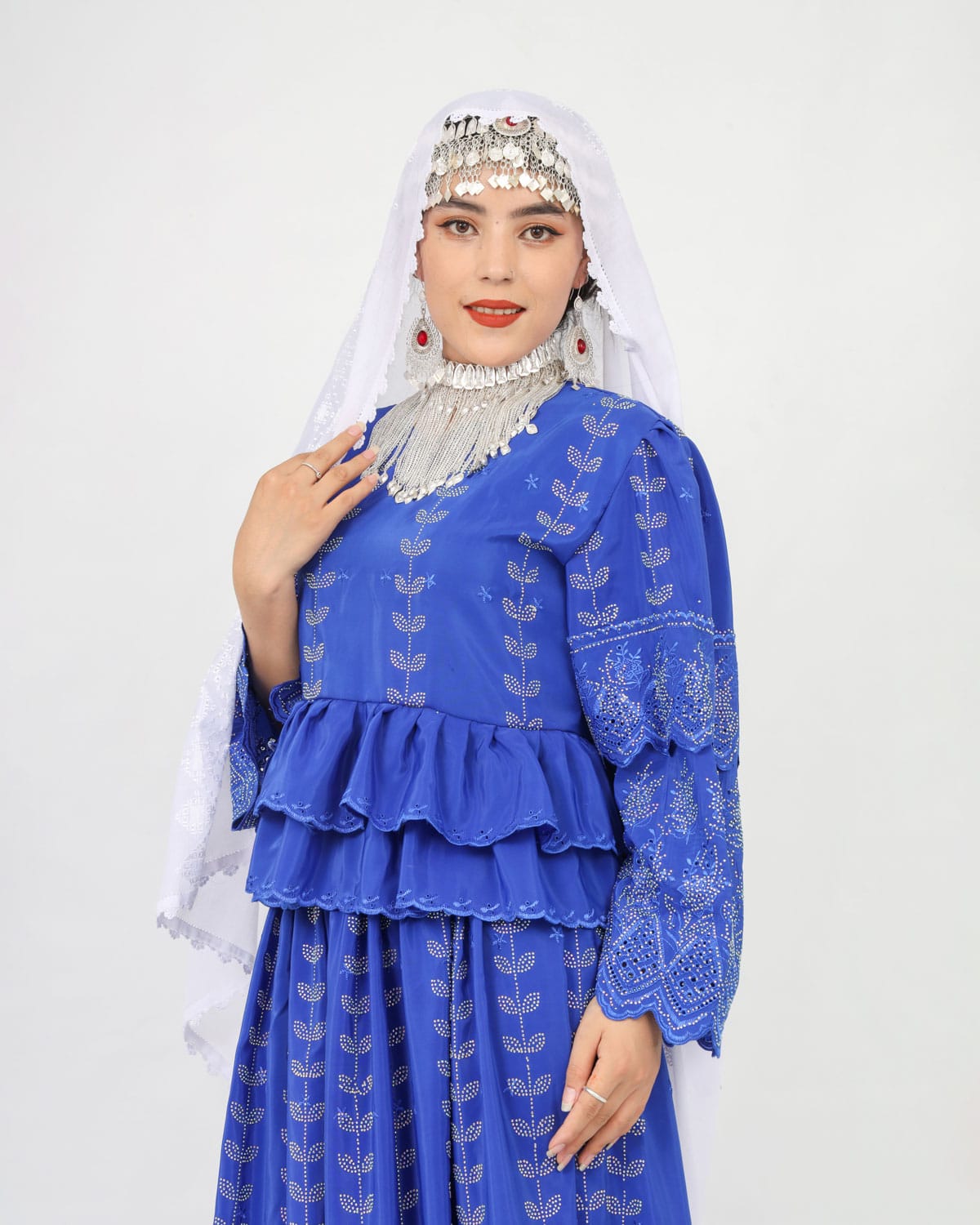 Blue Party Dress Set with Hand-Embroidered Shawl & Silver Jewelry 1