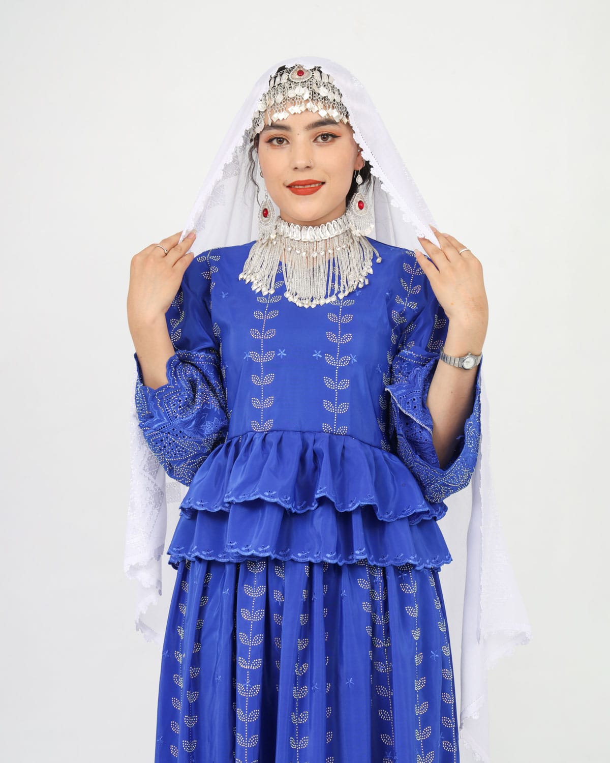 Blue Party Dress Set with Hand-Embroidered Shawl & Silver Jewelry 5