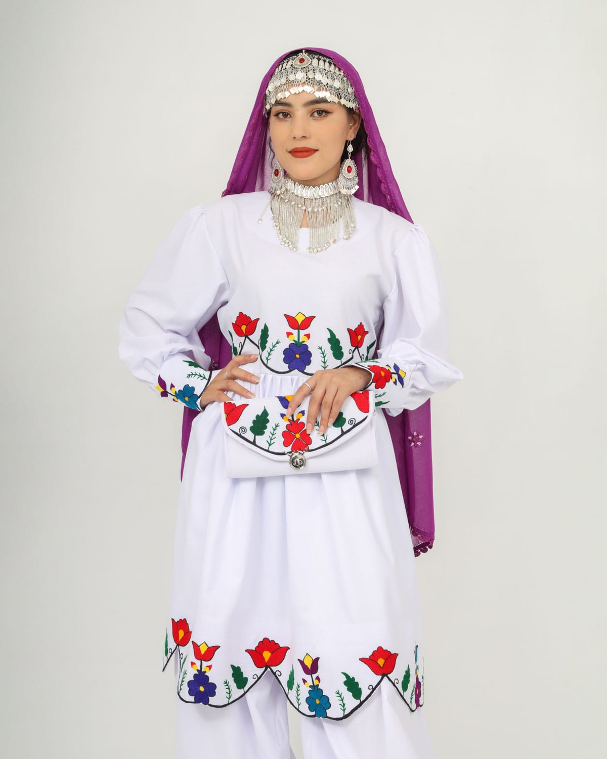 Hazaragi Charm: Short Dress Set with Hand-Embroidered Shawl, Accessories & Silver Jewelry 3