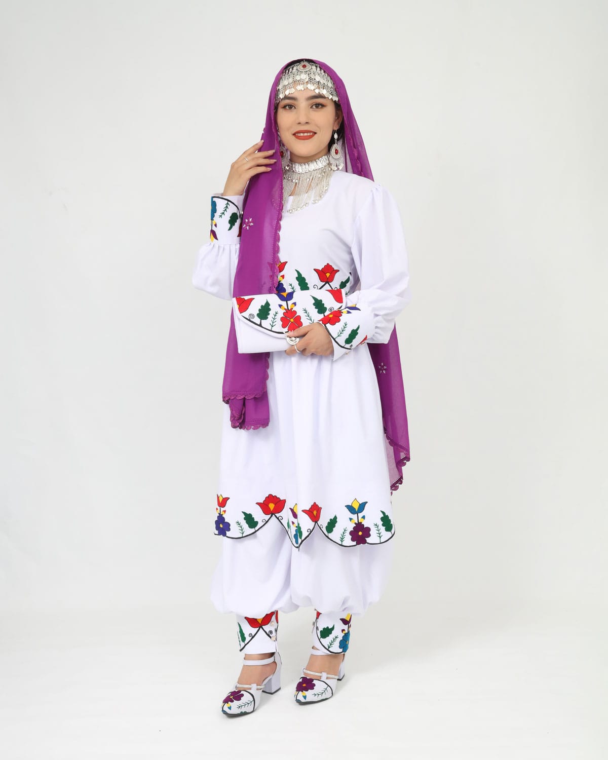 Hazaragi Charm: Short Dress Set with Hand-Embroidered Shawl, Accessories & Silver Jewelry 2