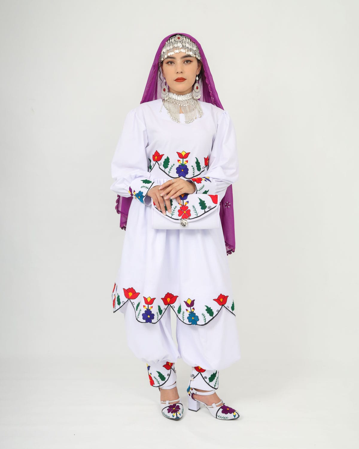 Hazaragi Charm: Short Dress Set with Hand-Embroidered Shawl, Accessories & Silver Jewelry 5