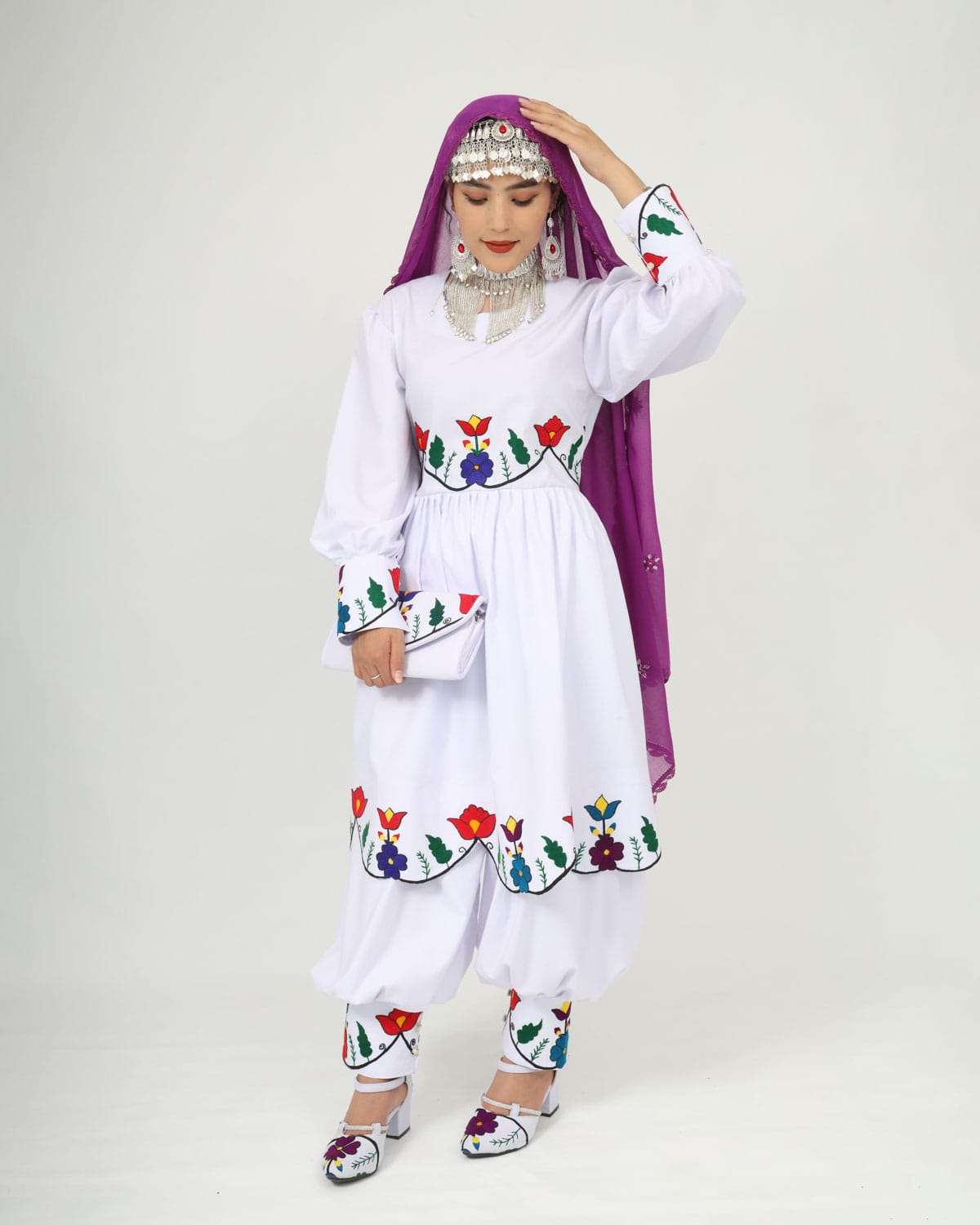Hazaragi Charm: Short Dress Set with Hand-Embroidered Shawl, Accessories & Silver Jewelry 4