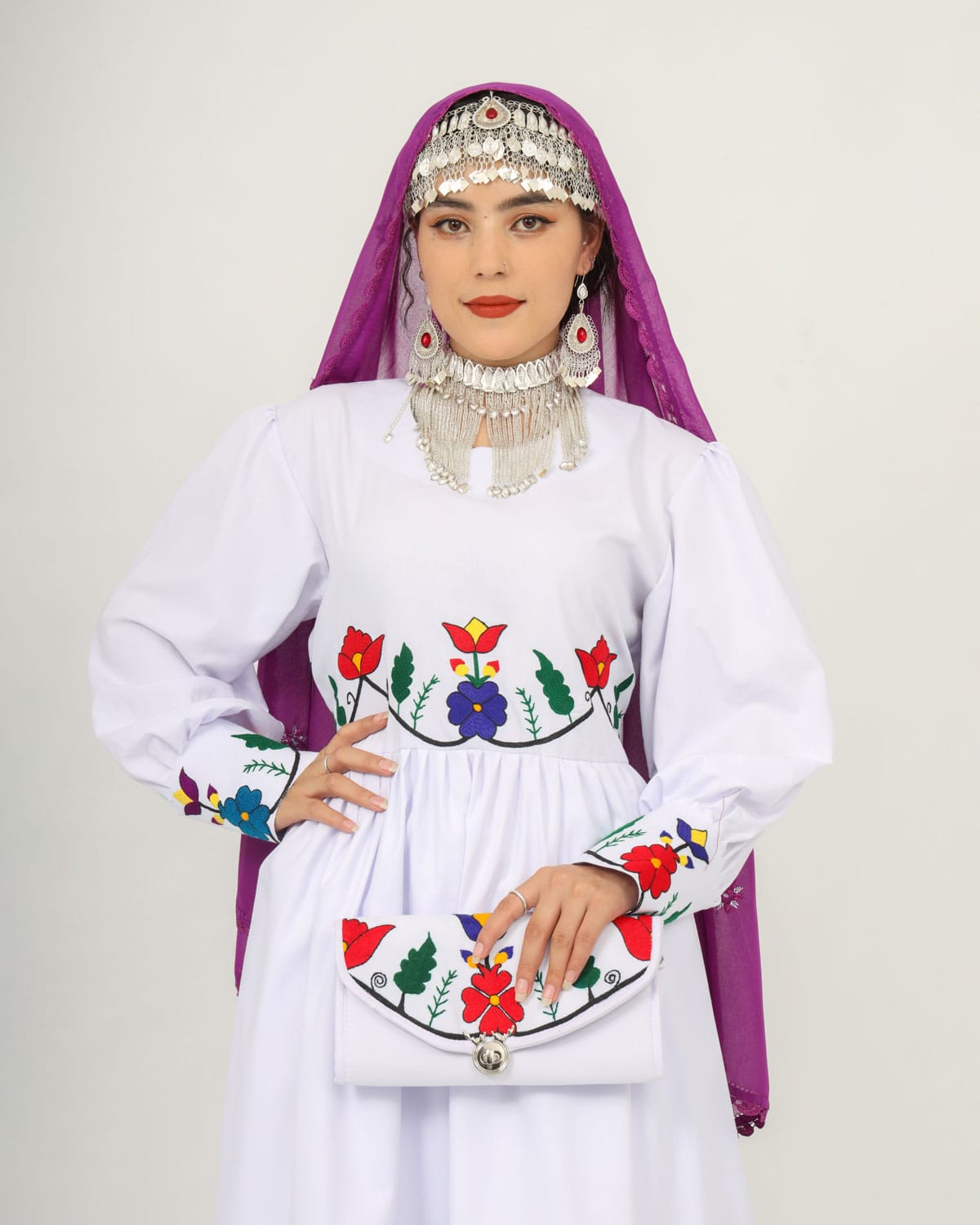 Hazaragi Charm: Short Dress Set with Hand-Embroidered Shawl, Accessories & Silver Jewelry 6