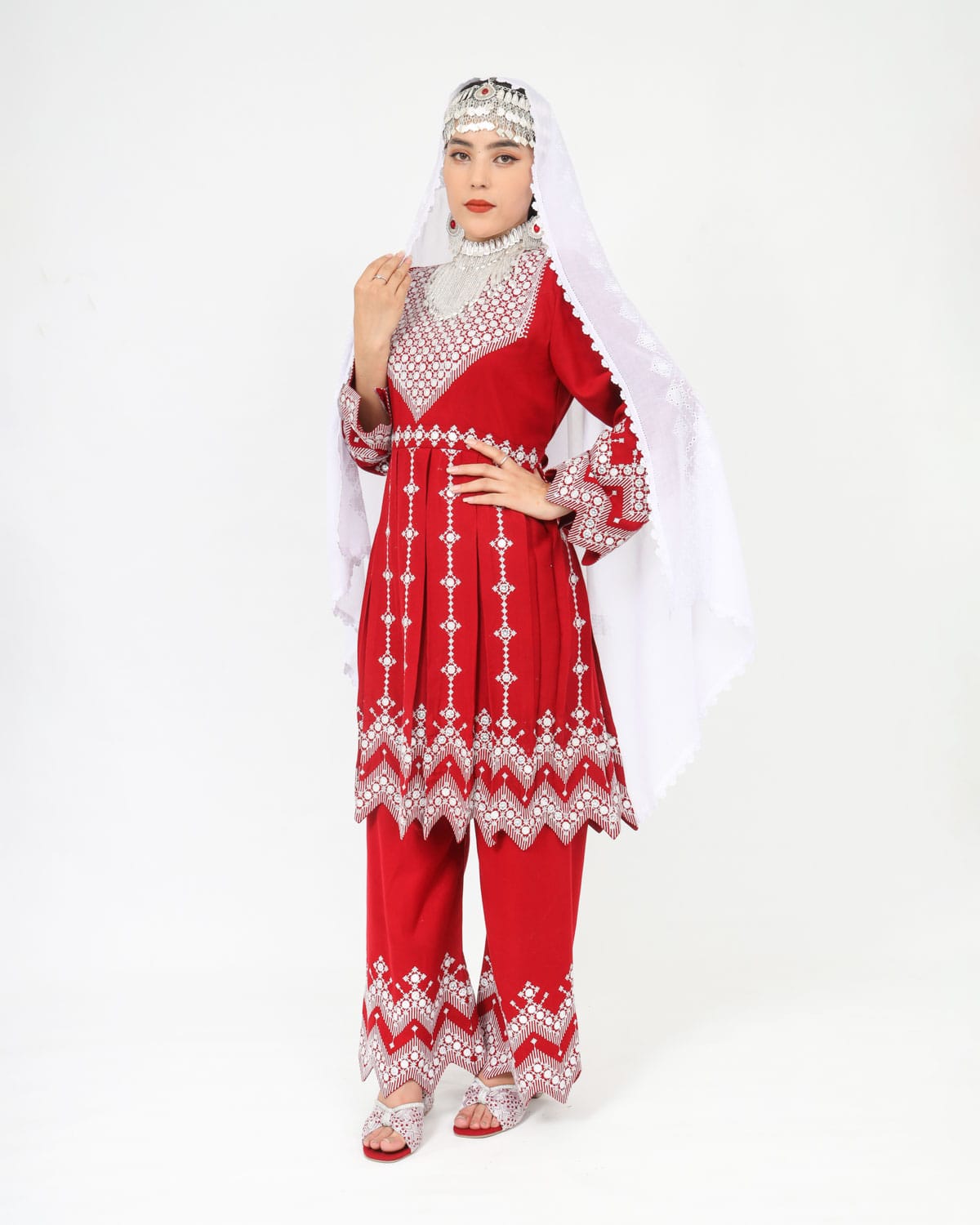 Beautiful Red Hazaragi Short Dress with White Hand-Embroidered Shawl, Silver Jewelry & Shoes 5