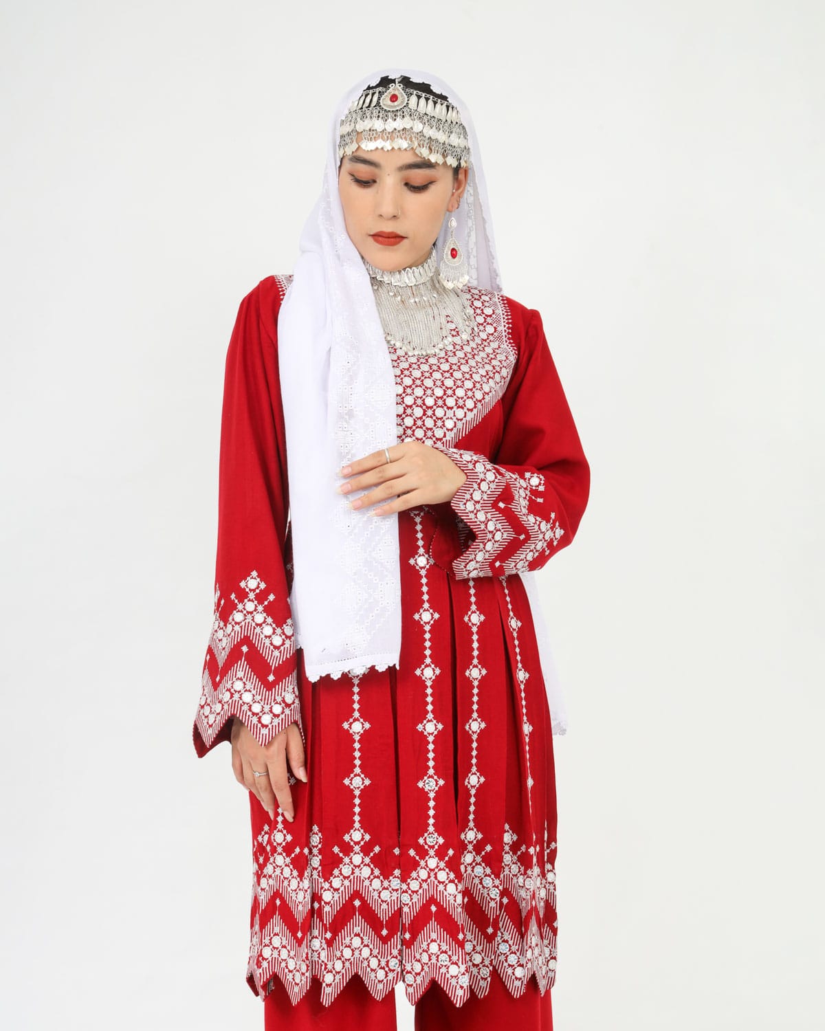 Beautiful Red Hazaragi Short Dress with White Hand-Embroidered Shawl, Silver Jewelry & Shoes 2