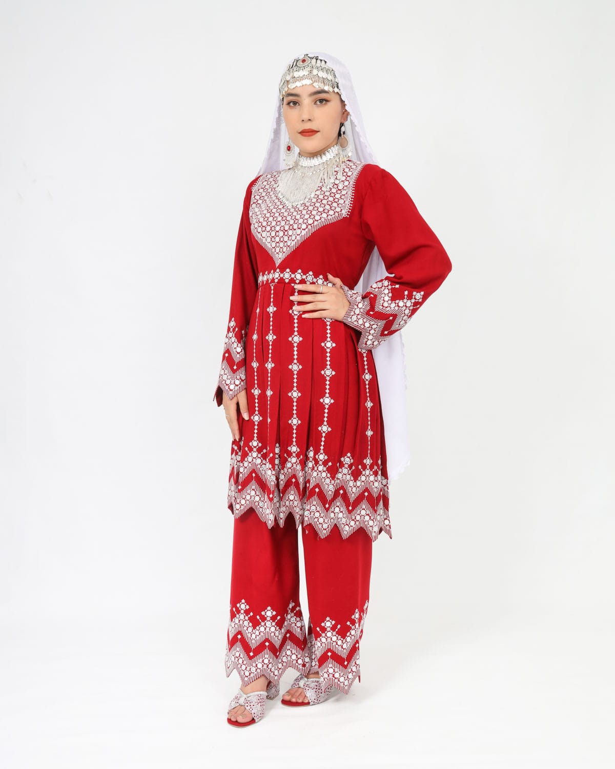 Beautiful Red Hazaragi Short Dress with White Hand-Embroidered Shawl, Silver Jewelry & Shoes 1