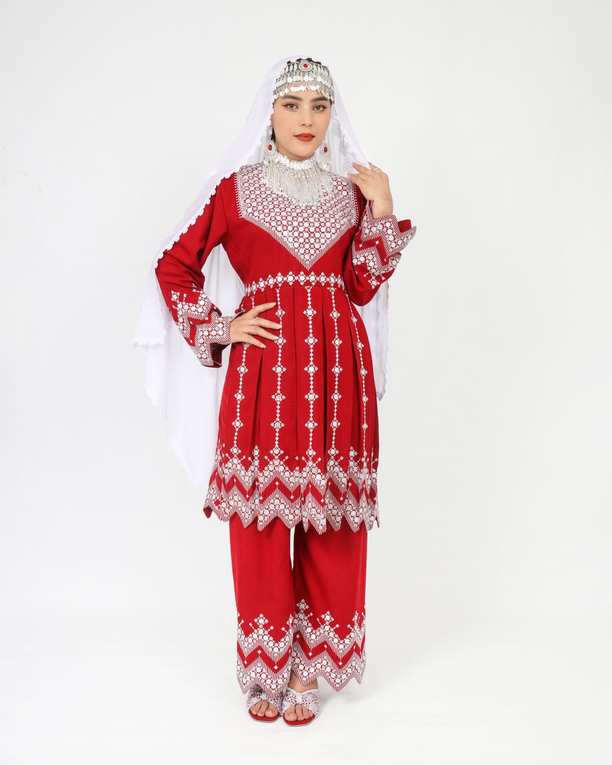 Beautiful Red Hazaragi Short Dress with White Hand-Embroidered Shawl, Silver Jewelry & Shoes 3