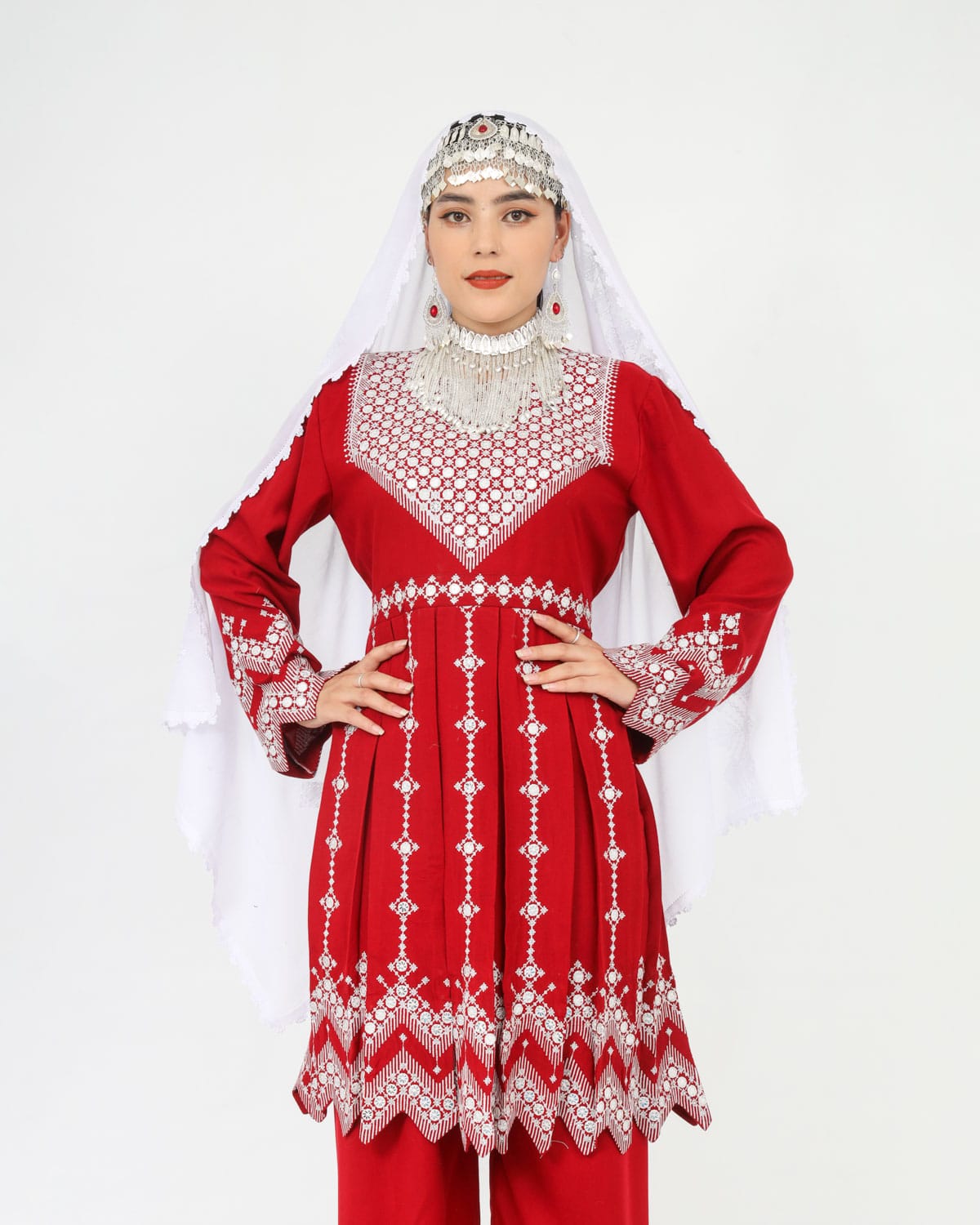 Beautiful Red Hazaragi Short Dress with White Hand-Embroidered Shawl, Silver Jewelry & Shoes 4