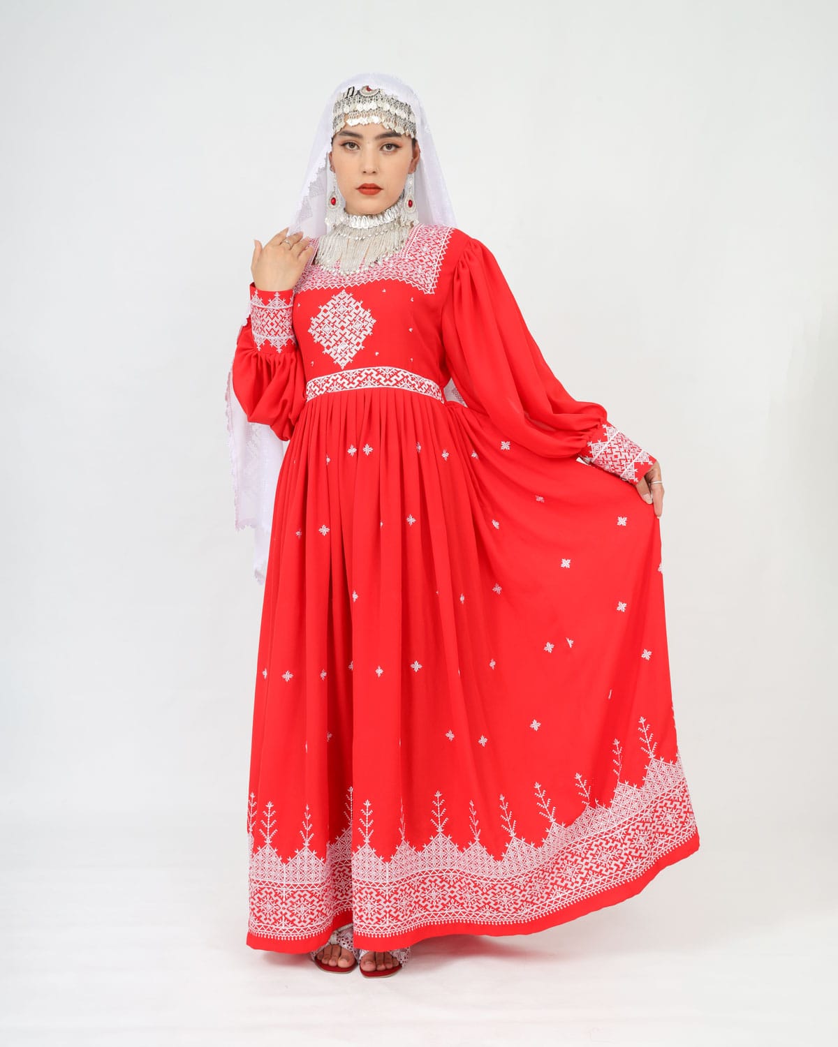 Red Hazaragi Long Dress with White Hand-Embroidered Shawl, Silver Jewelry & Shoes 2