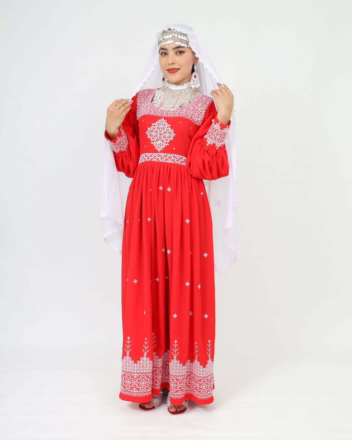 Red Hazaragi Long Dress with White Hand-Embroidered Shawl, Silver Jewelry & Shoes 3