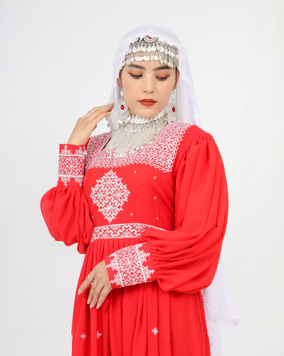 Red Hazaragi Long Dress with White Hand-Embroidered Shawl, Silver Jewelry & Shoes 1