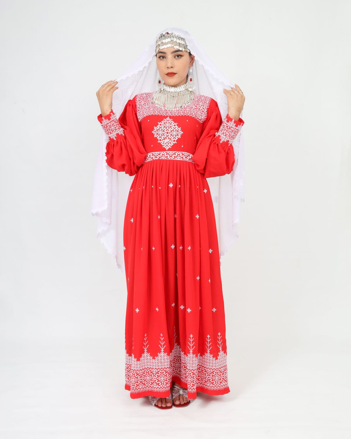 Red Hazaragi Long Dress with White Hand-Embroidered Shawl, Silver Jewelry & Shoes 4