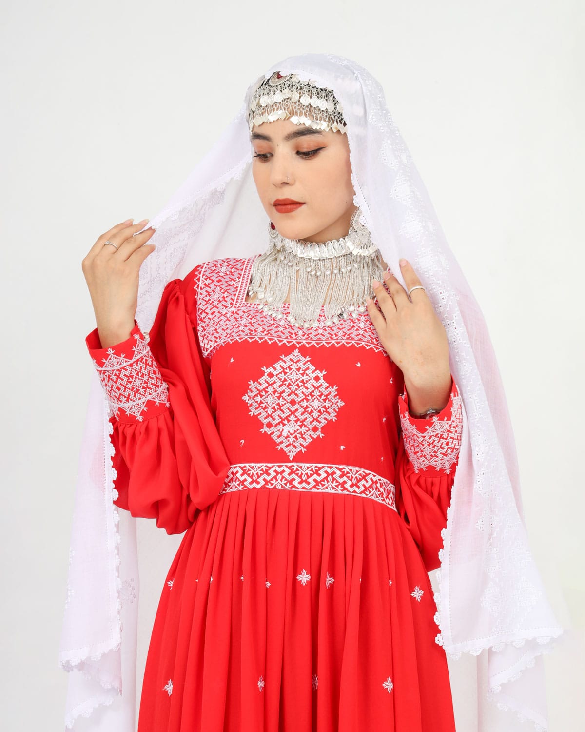 Red Hazaragi Long Dress with White Hand-Embroidered Shawl, Silver Jewelry & Shoes 5