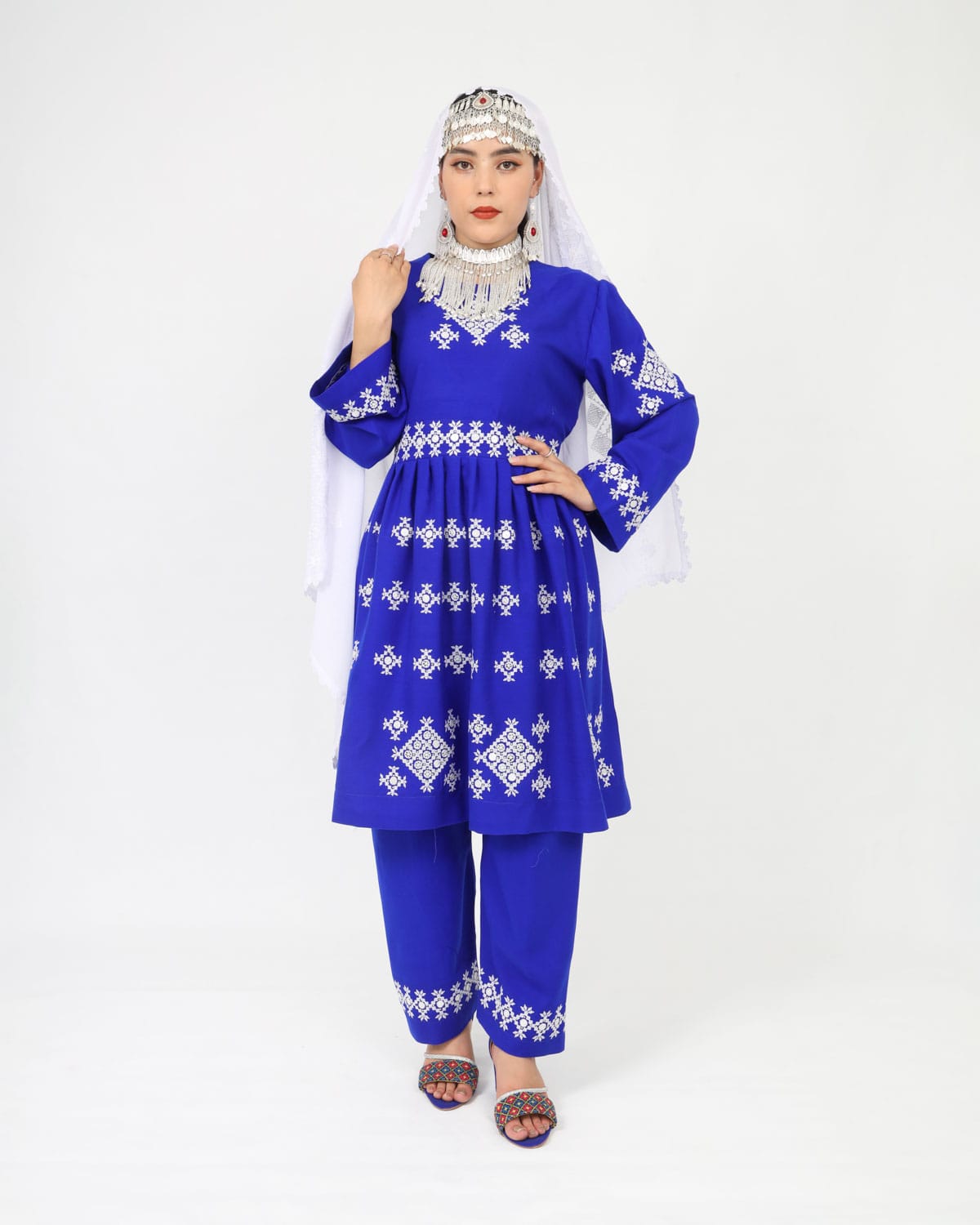 Hazaragi Short Dress with Mirror Work & Embroidered Shawl – Blue Cotton 4
