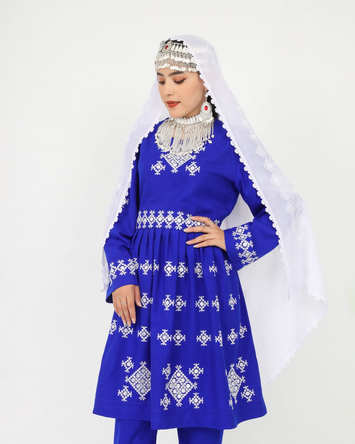 Hazaragi Short Dress with Mirror Work & Embroidered Shawl – Blue Cotton 5