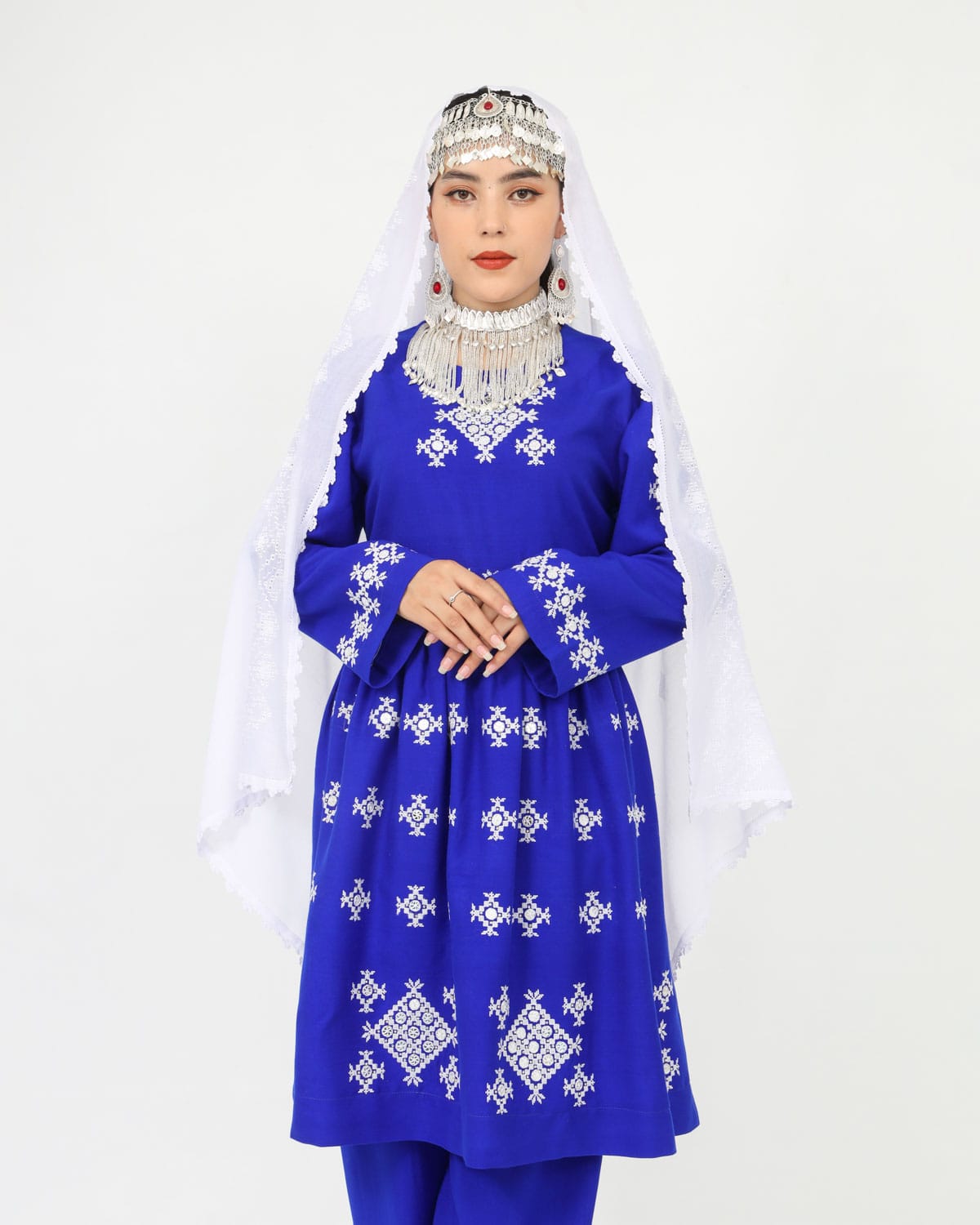 Hazaragi Short Dress with Mirror Work & Embroidered Shawl – Blue Cotton 2