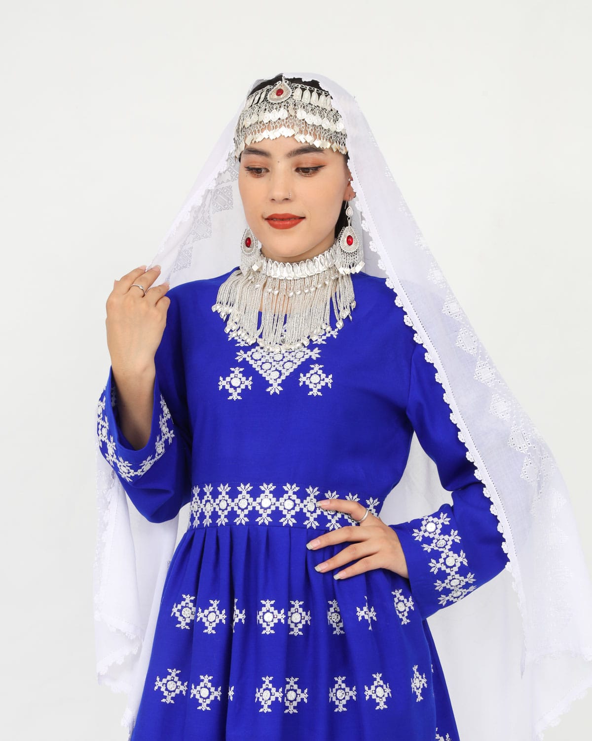 Hazaragi Short Dress with Mirror Work & Embroidered Shawl – Blue Cotton 3