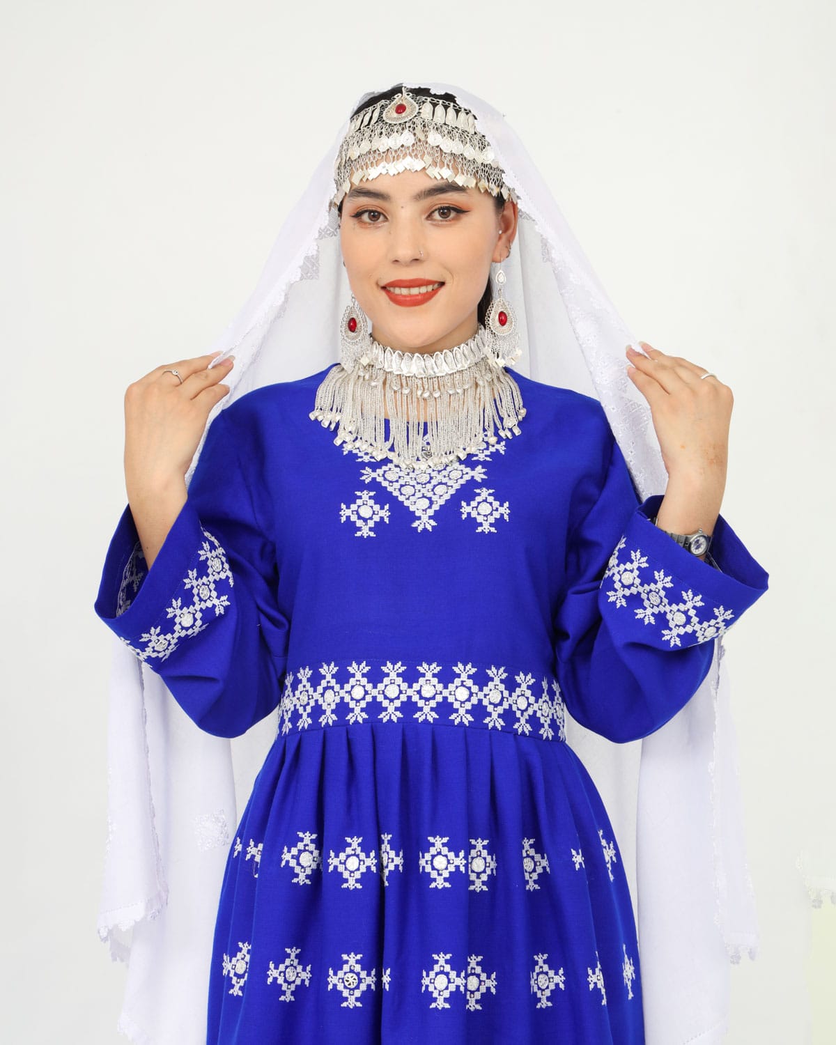 Hazaragi Short Dress with Mirror Work & Embroidered Shawl – Blue Cotton 1