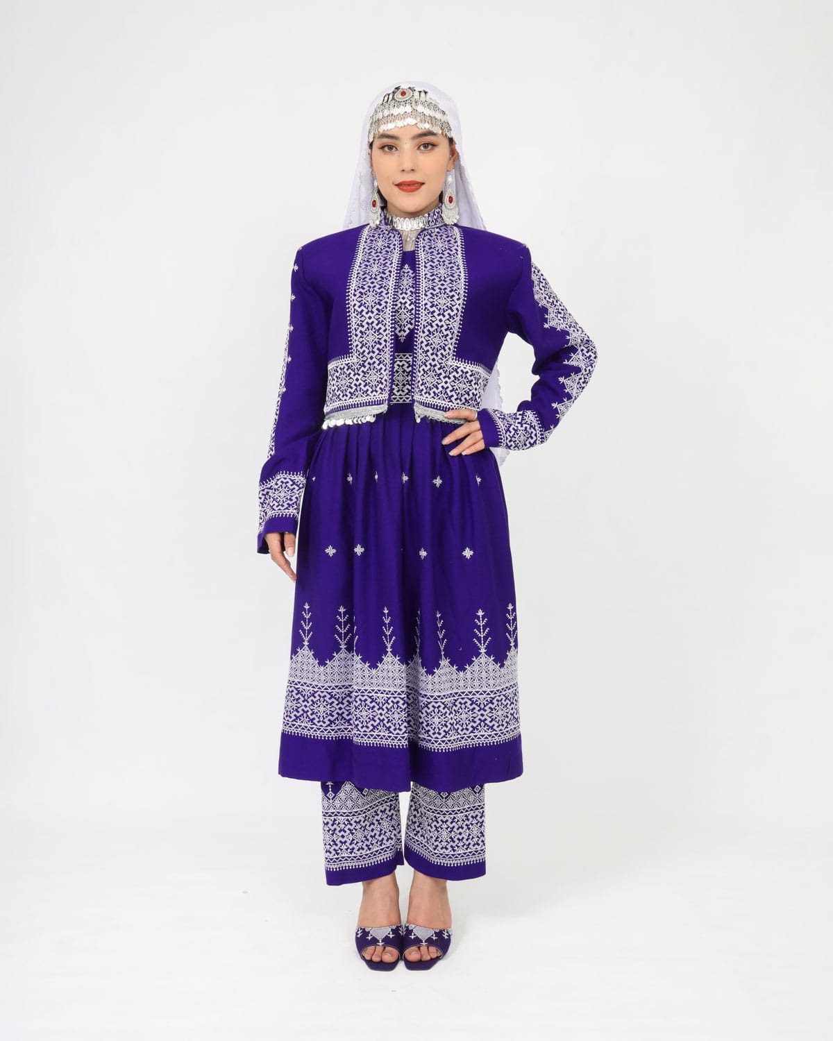 Hazaragi Dress with Waistcoat & Embroidered Shawl – Purple Cotton 2