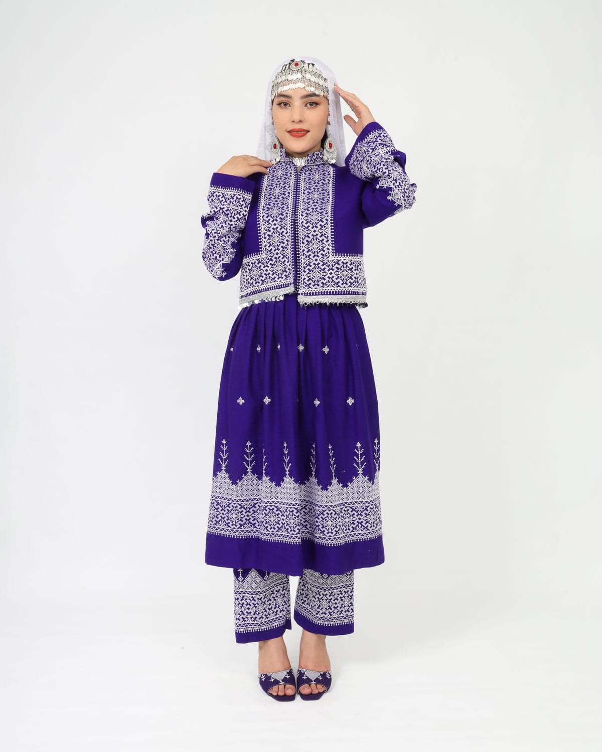 Hazaragi Dress with Waistcoat & Embroidered Shawl – Purple Cotton 1