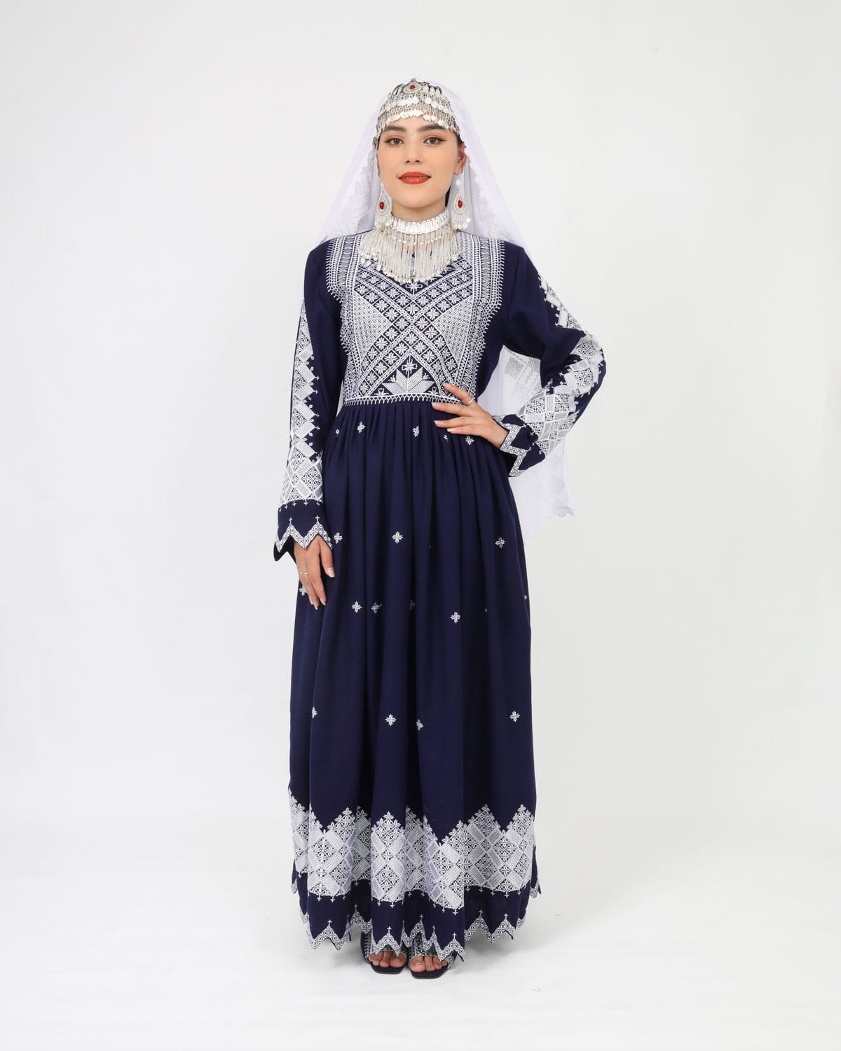 Hazaragi Design Long Dress with Embroidered Shawl – Deep Navy 4