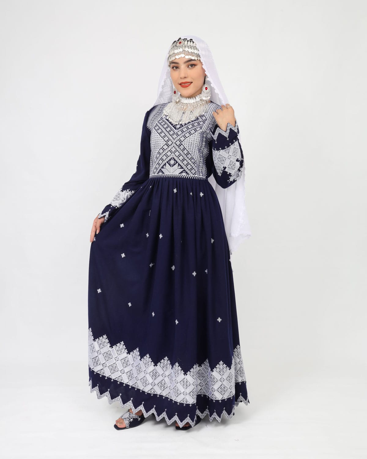 Hazaragi Design Long Dress with Embroidered Shawl – Deep Navy 1
