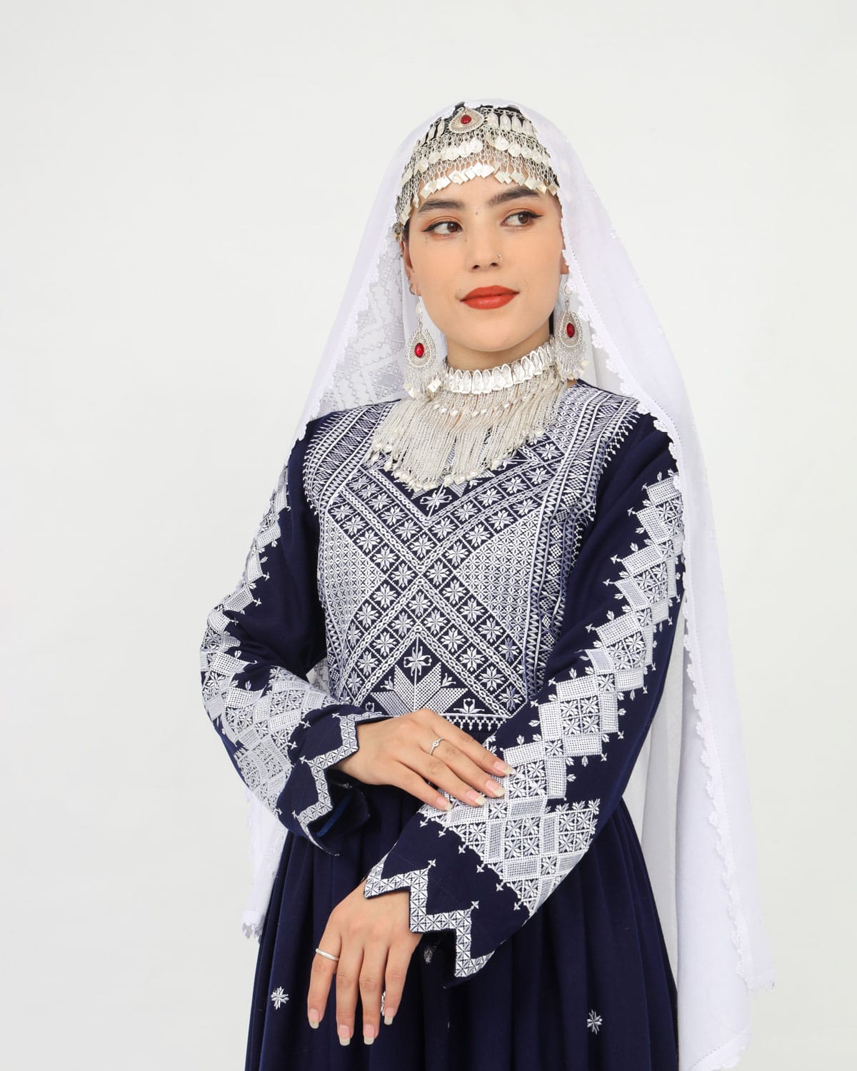 Hazaragi Design Long Dress with Embroidered Shawl – Deep Navy 2