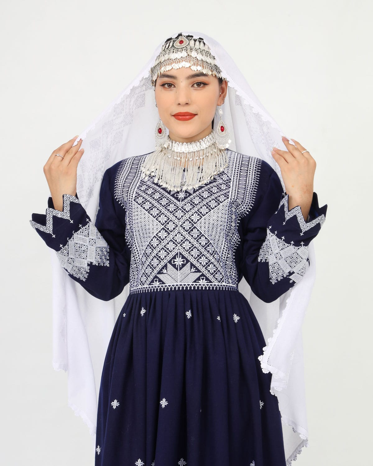 Hazaragi Design Long Dress with Embroidered Shawl – Deep Navy 3