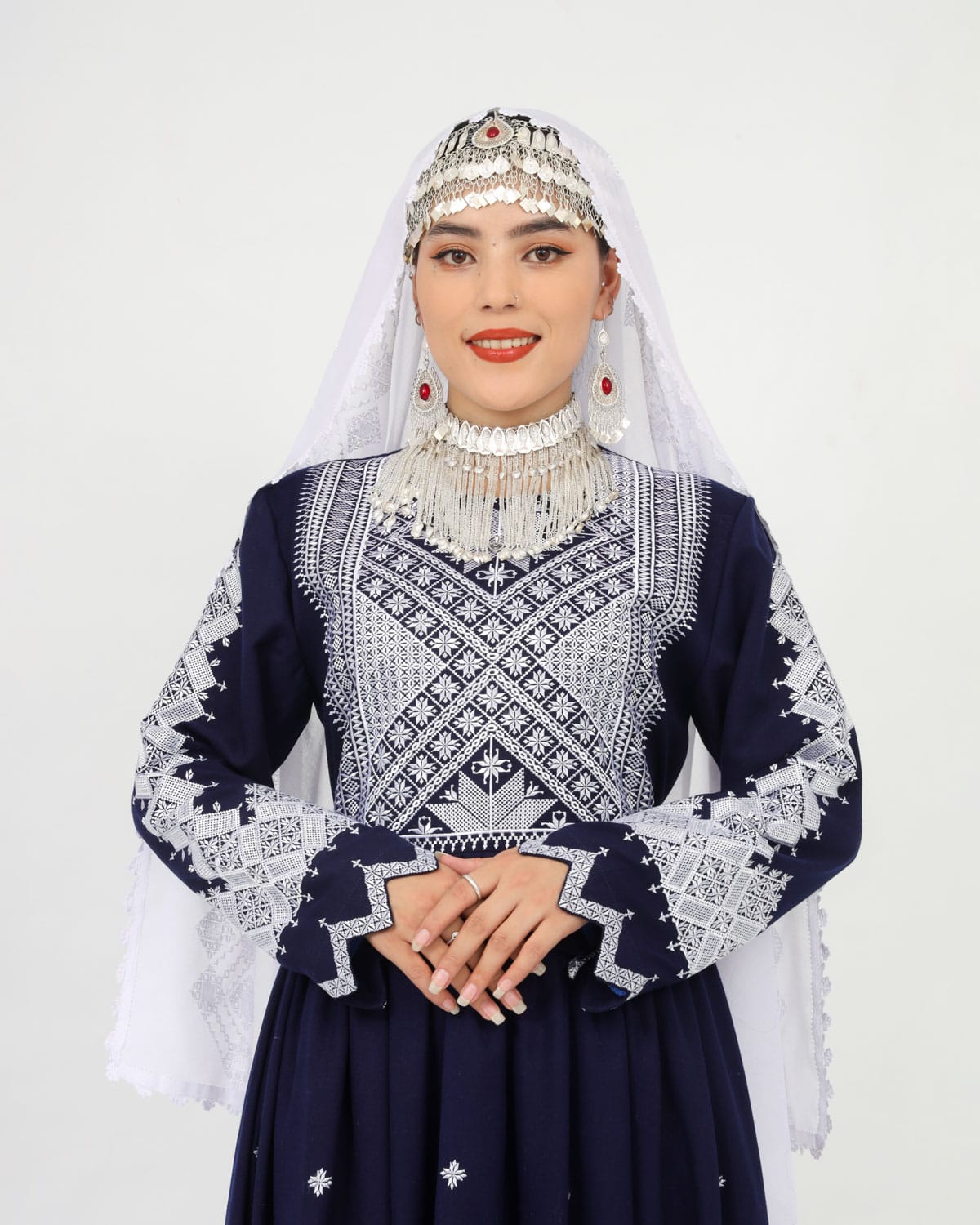 Hazaragi Design Long Dress with Embroidered Shawl – Deep Navy 5