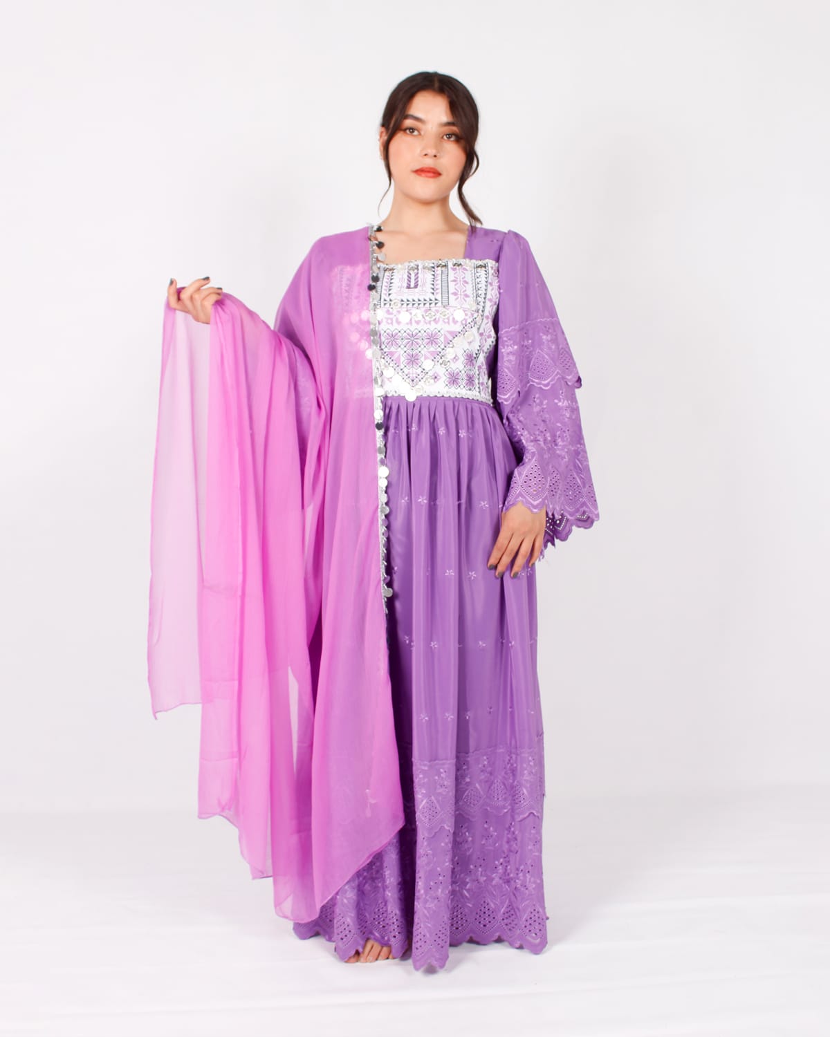 Lavender Afghani Traditional Dress with Silver Embroidery and Pink Scarf 2
