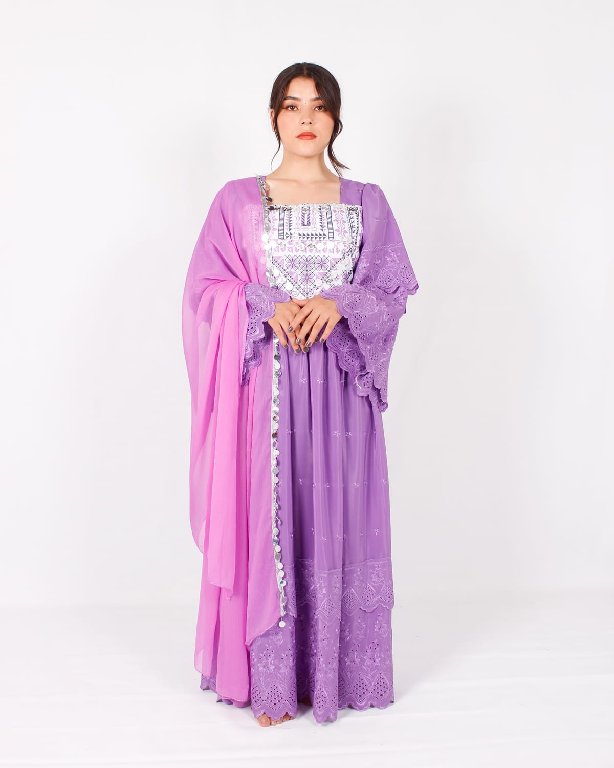 Lavender Afghani Traditional Dress with Silver Embroidery and Pink Scarf 3