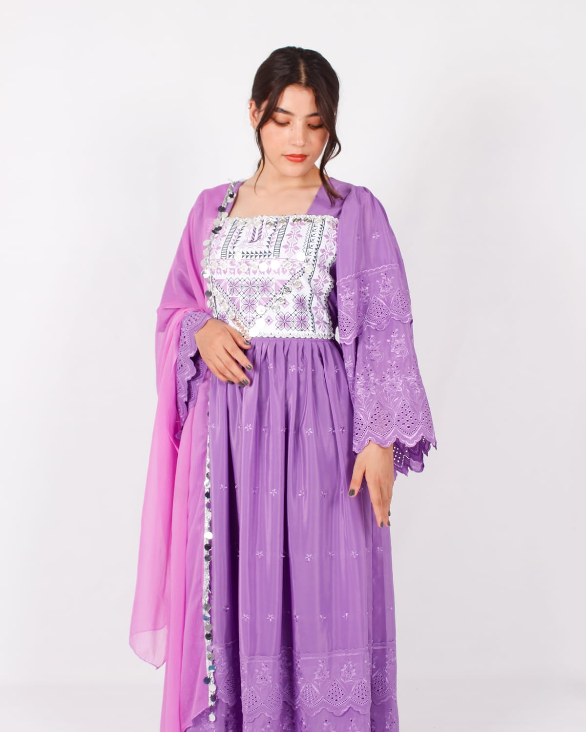 Lavender Afghani Traditional Dress with Silver Embroidery and Pink Scarf 1