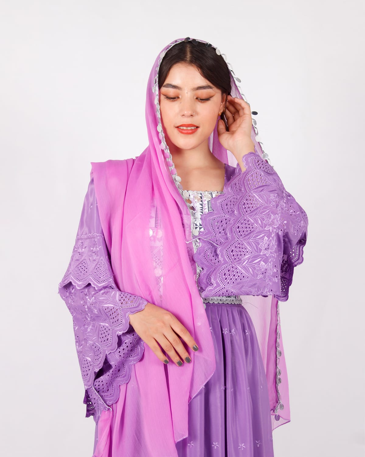 Lavender Afghani Traditional Dress with Silver Embroidery and Pink Scarf 4