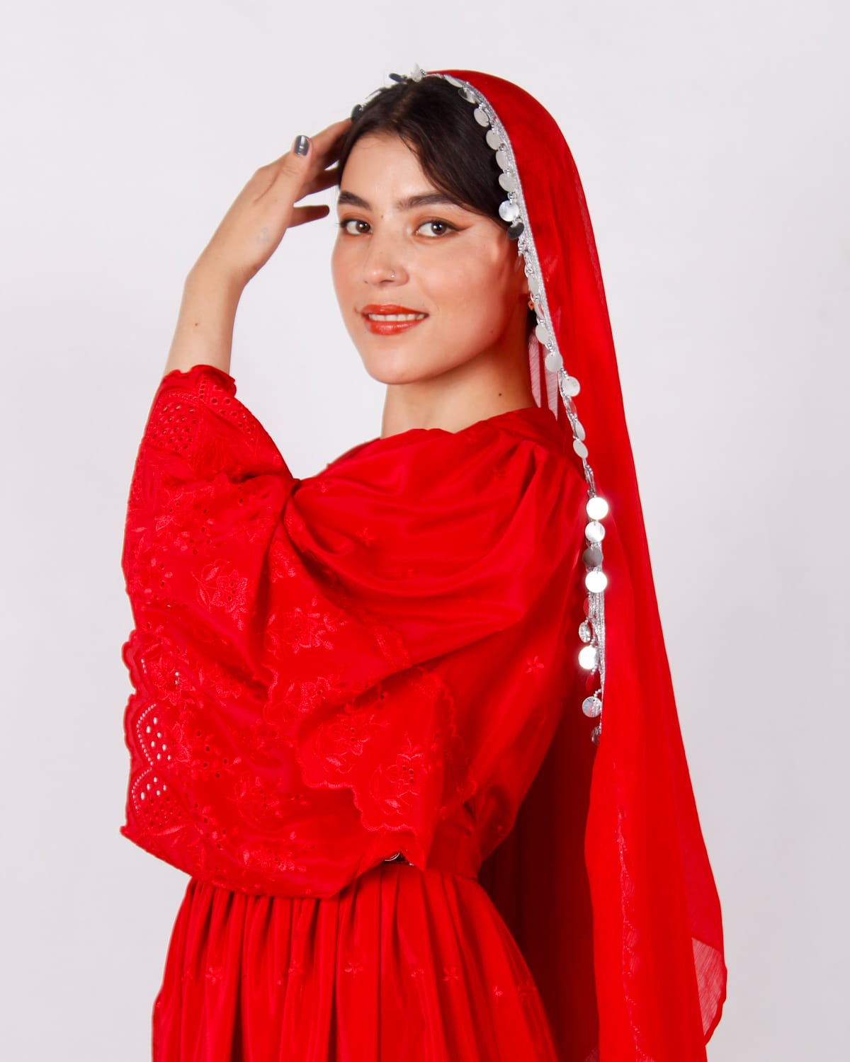 Duamina Red Long Afghani Dress with Yakhan Embroidery 4