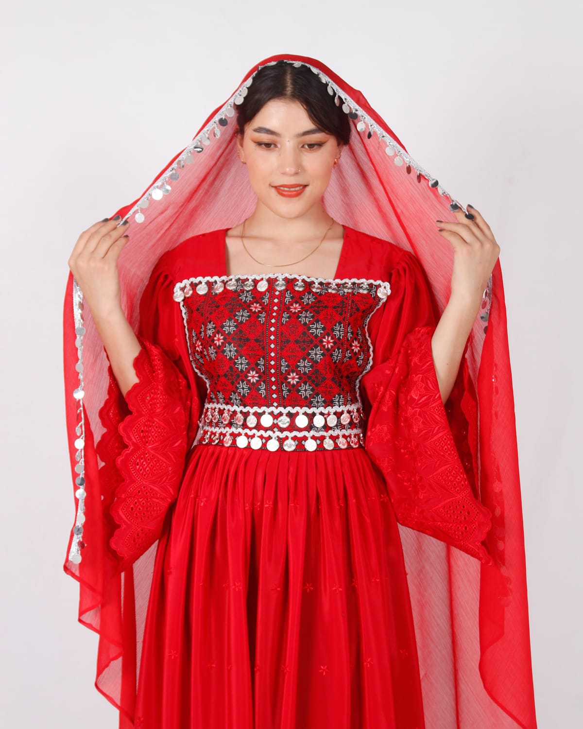 Duamina Red Long Afghani Dress with Yakhan Embroidery 1
