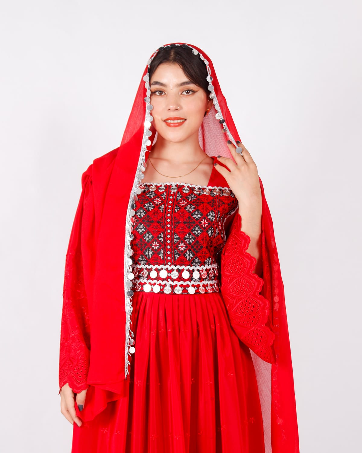Duamina Red Long Afghani Dress with Yakhan Embroidery 3